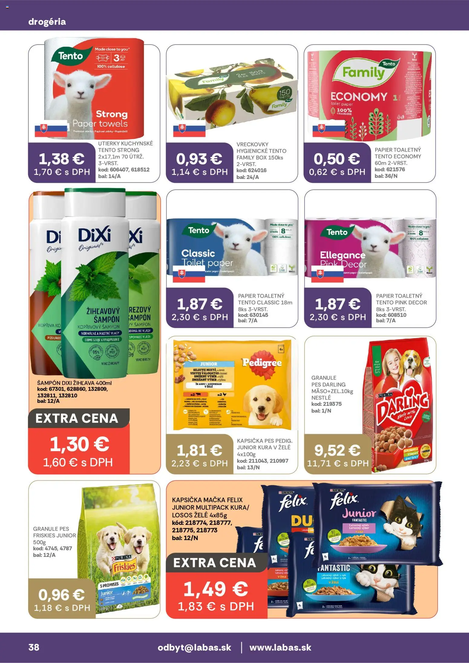 Nové Labaš akcie – leták je platný od 03.07.2026 | Strana: 38 | Produkty: Felix, Friskies, Šampón, Losos