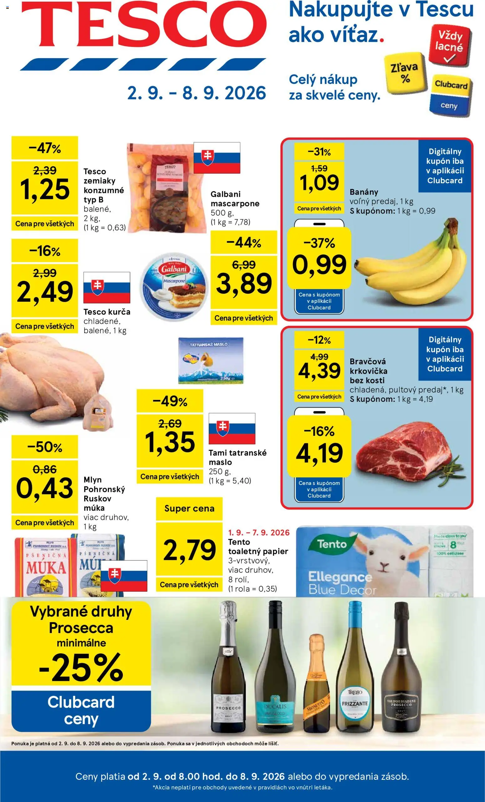 Nové Tesco akcie – leták je platný od 02.09.2026 | Strana: 1 | Produkty: Prosecco, Múka, Tatranské maslo, Mascarpone