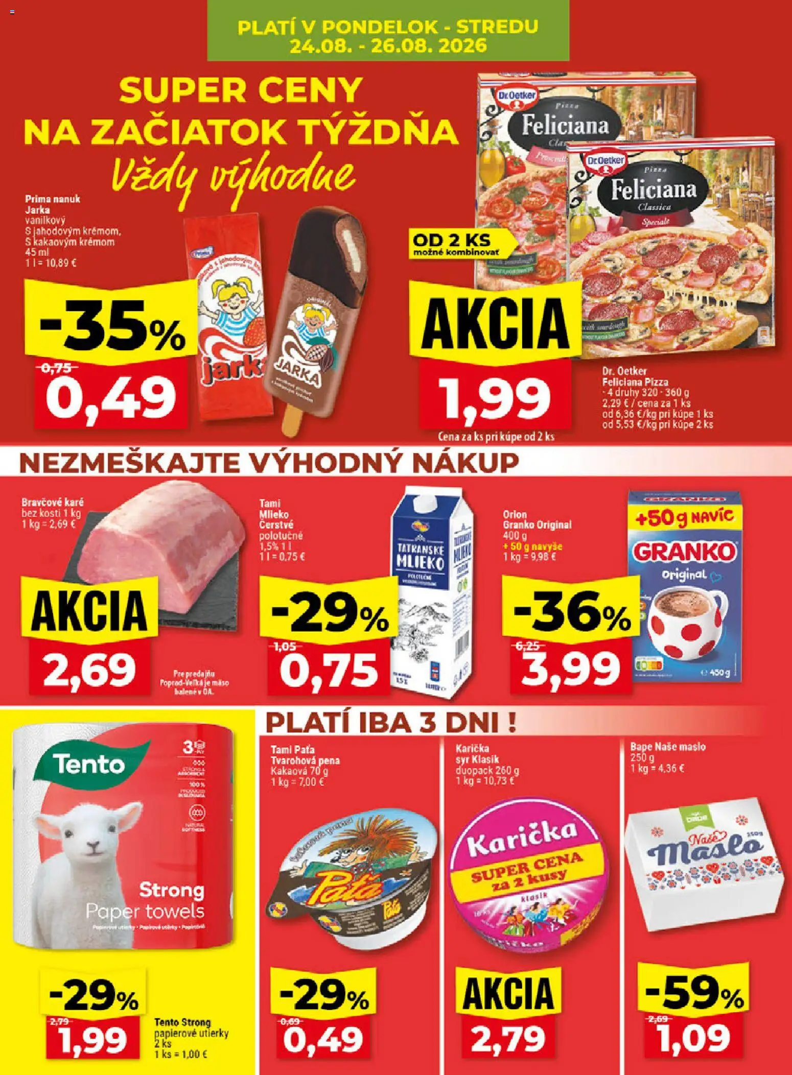 Nové Klas akcie – leták je platný od 24.08.2026 | Strana: 4 | Produkty: Syr, Mäso, Papierové utierky, Bravčové karé