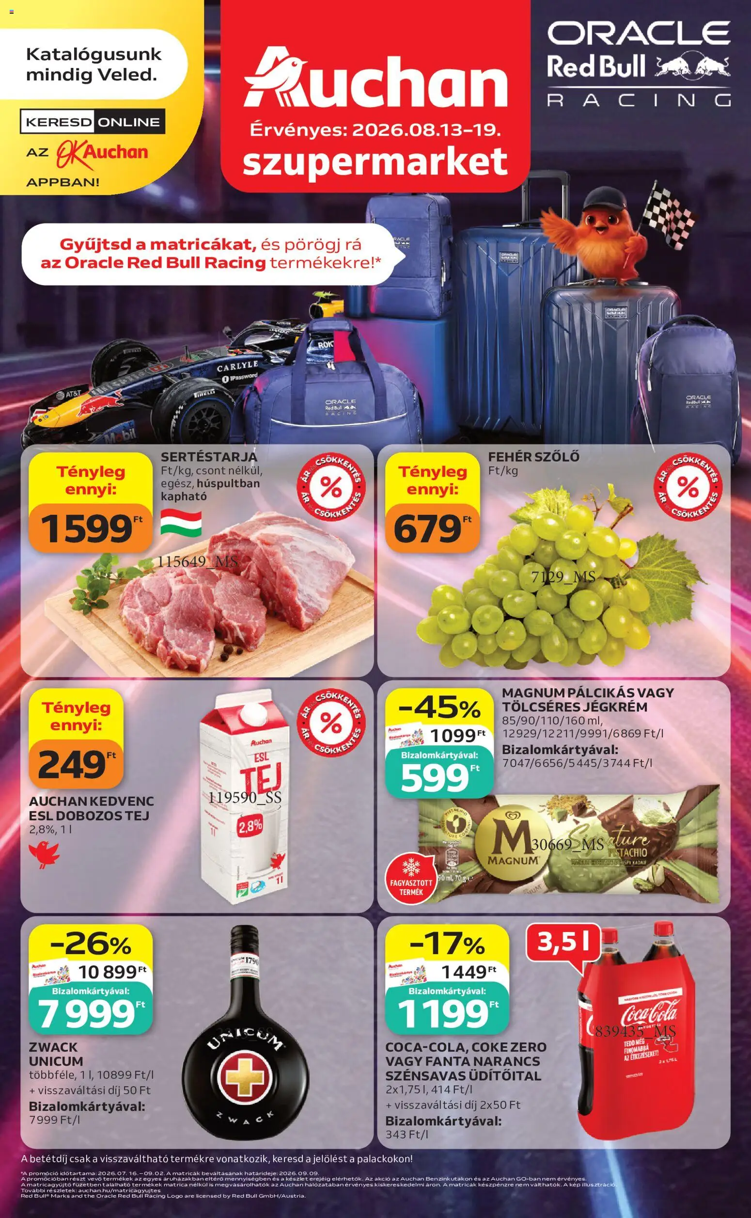 Auchan akciós ujság - amely érvényes a következő dátumtól: 2026.08.13. | Oldal: 1 | Termékek: Unicum, Red bull, Tej, Narancs