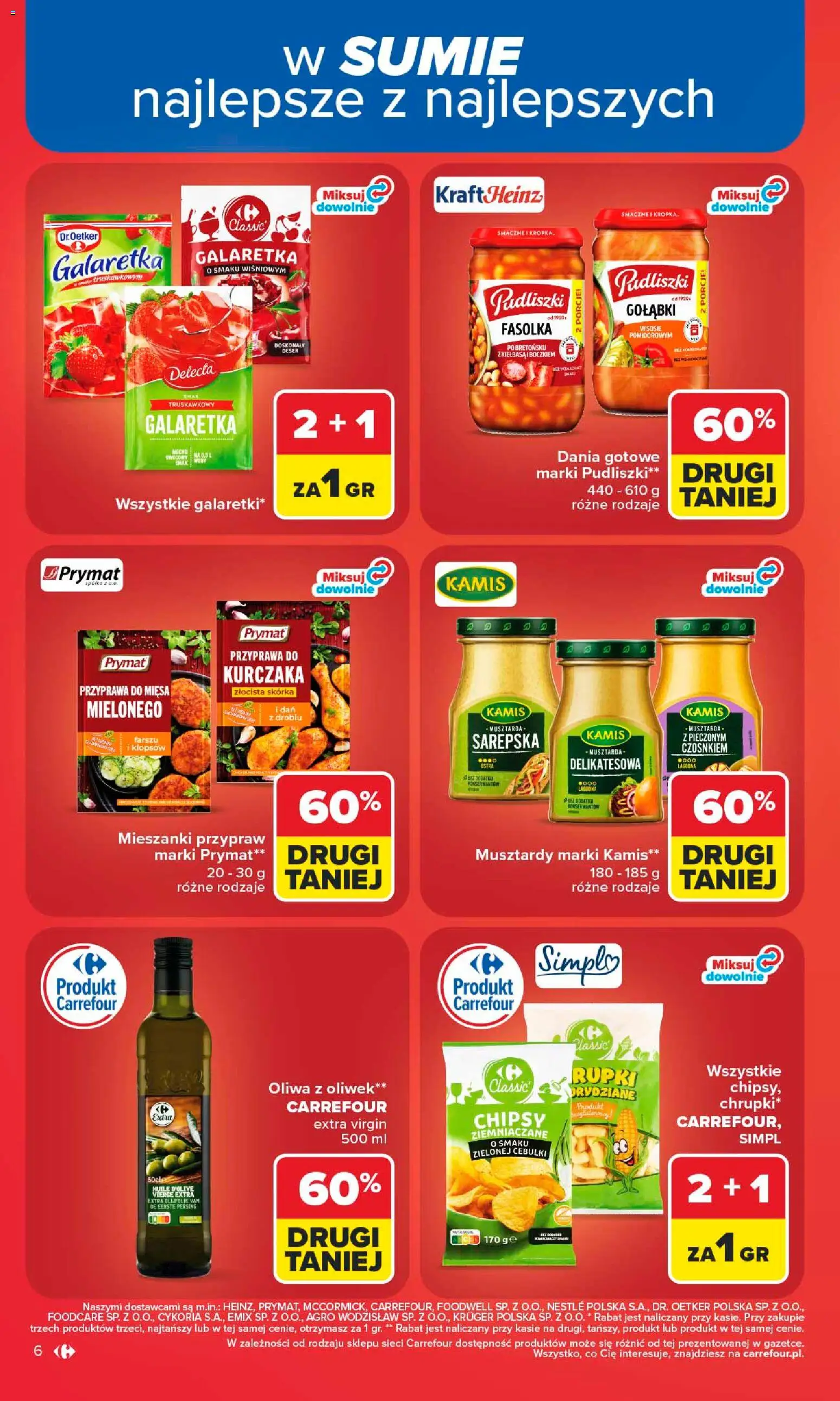 Carrefour gazetka od 06.07.2026 | Strona: 6 | Produkty: Kiełbasa, Chipsy, Galaretka, Oliwa z oliwek