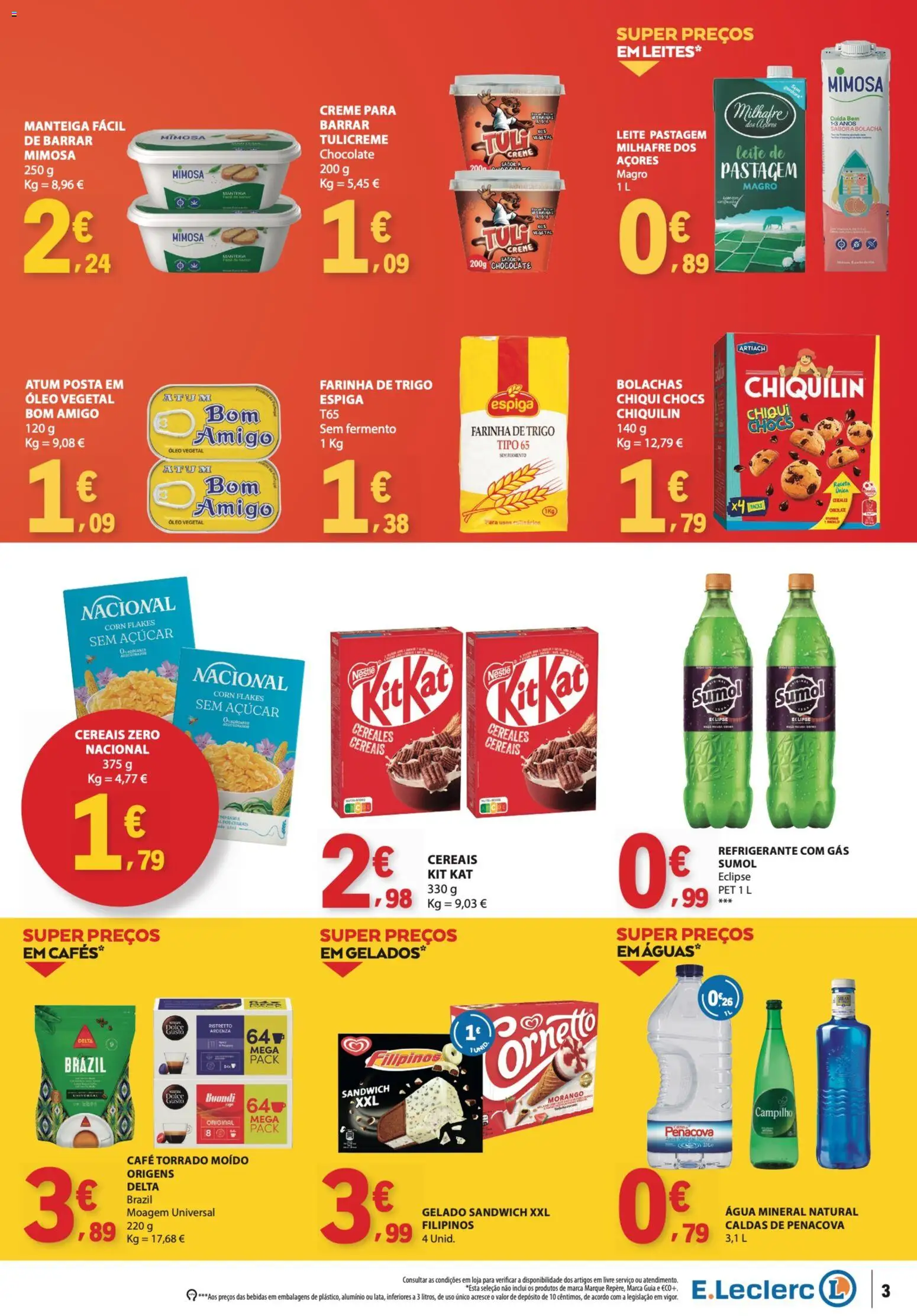 E.Leclerc folheto Fim de Semana │ válido de 23/10/2026 | Página: 3 | Produtos: Refrigerante, Leite, Chocolate, Gelado sandwich