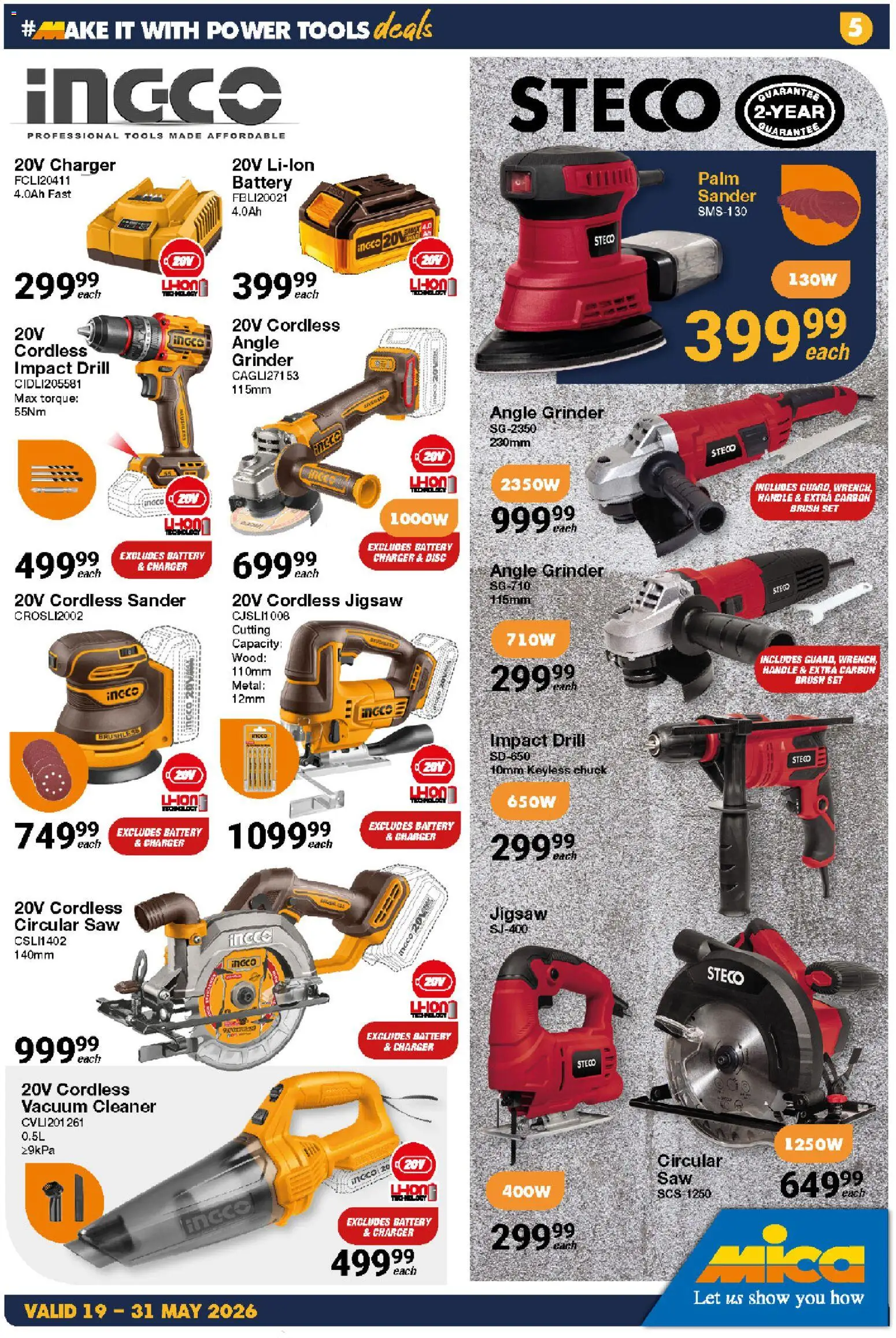 New MICA catalogue – valid from 19.05.2026 | Page: 5 | Products: Drill, Charger, Jigsaw, Brush