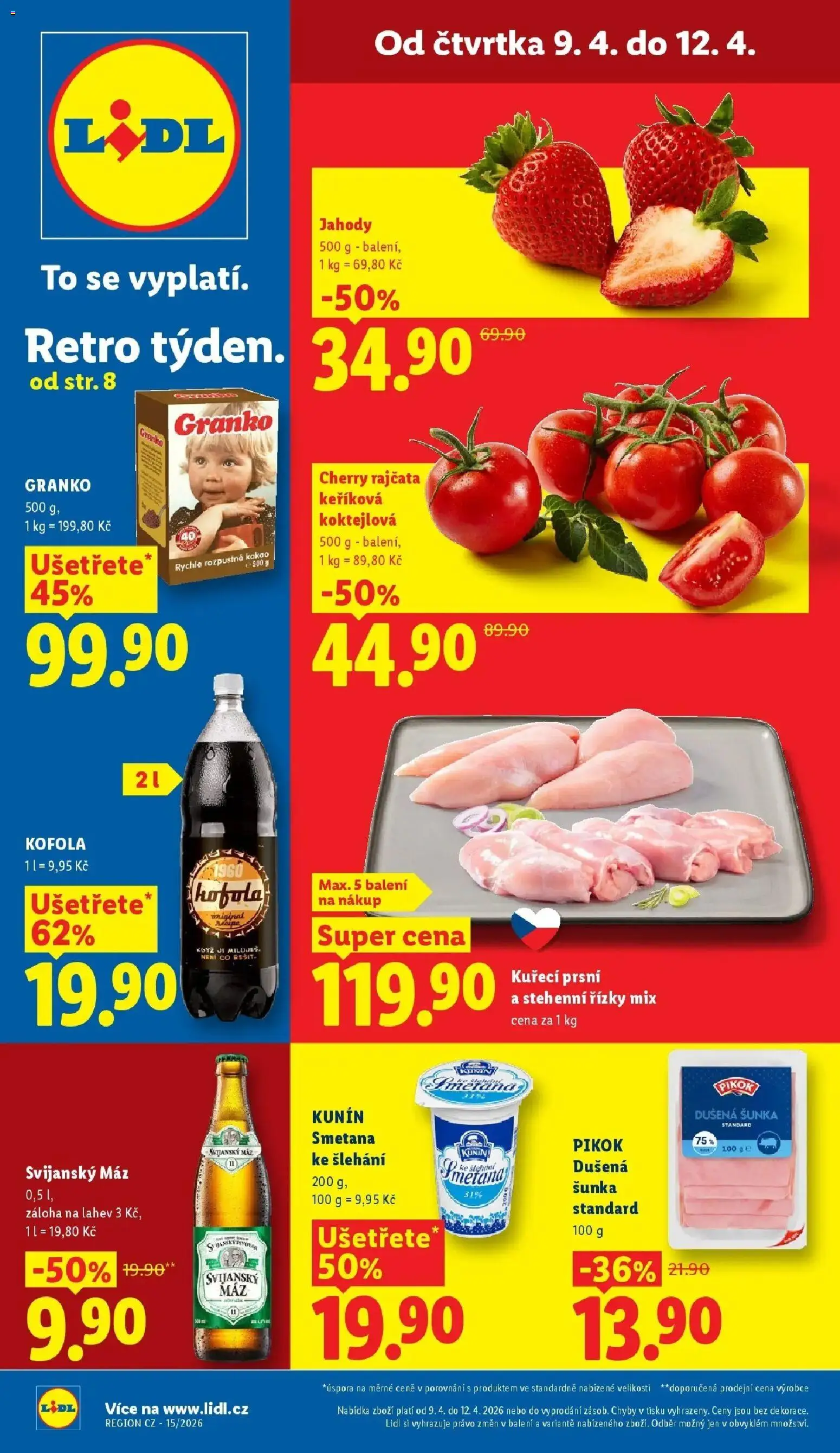 Lidl aktuální leták od 09.04.2026 | Strana: 1 | Produkty: Šunka, Cherry rajčata, Stehenní řízky, Kakao