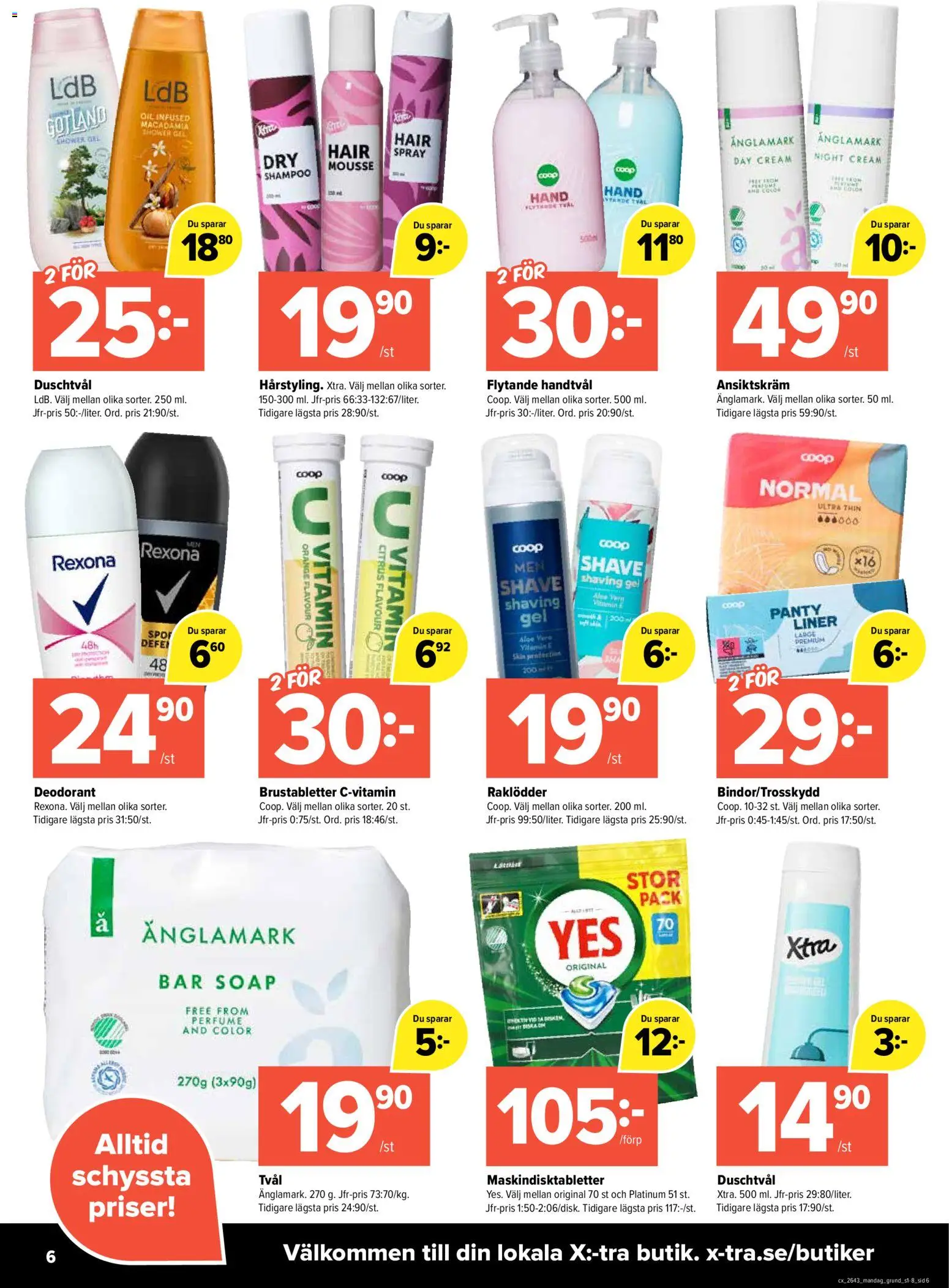 Coop X:-TRA reklamblad aktuell från 19/10/2026 | Sida: 6 | Produkter: Raklödder, Tvål, Brustabletter, Ansiktskräm