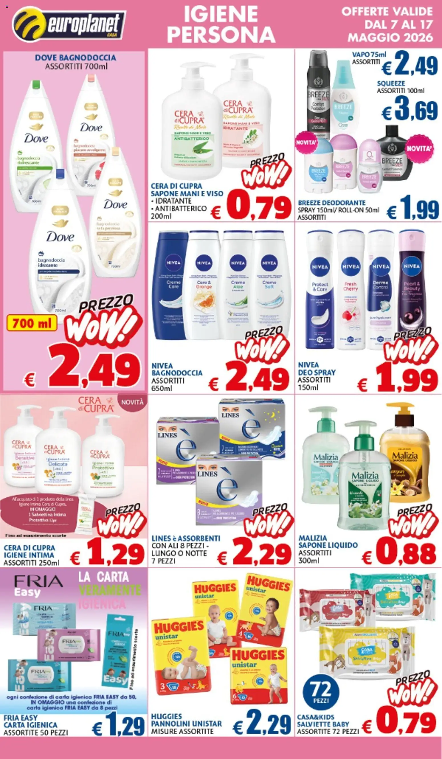 Volantino Europlanet Casa del 07.05.2026 | Pagina: 3 | Prodotti: Pannolini, Carta igienica, Sapone, Deodorante