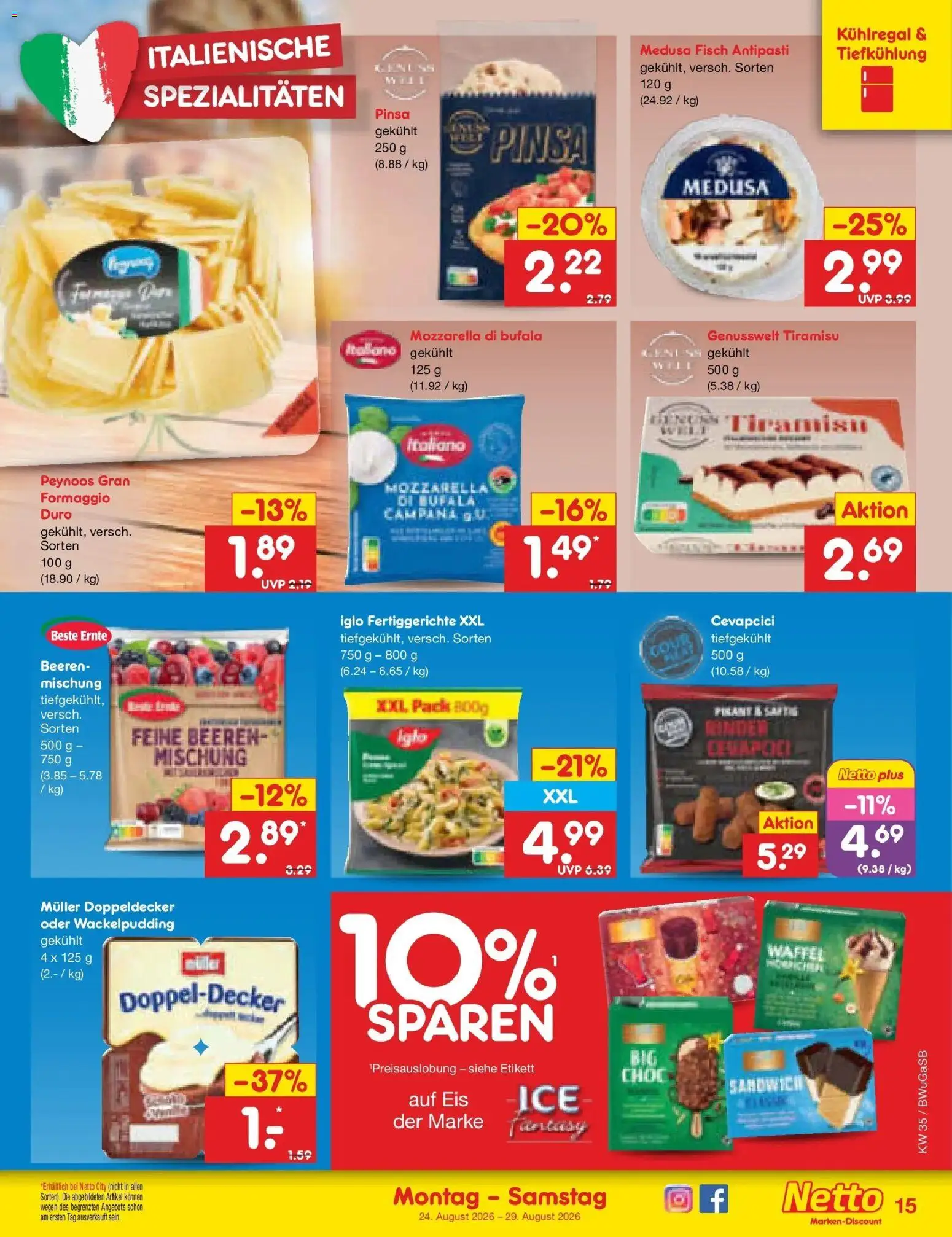 Netto Marken-Discount Prospekt Bielefeld (ab 24.08.2026) » Angebote | Seite: 23 | Produkte: Mozzarella, Cevapcici, Fisch, Fertiggerichte