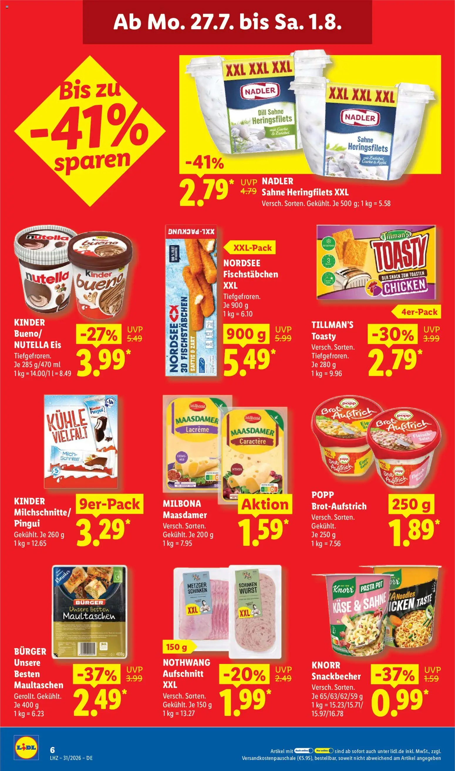 Lidl Německo leták od 27.07.2026 | Strana: 16 | Produkty: Maasdamer, Salát, Milbona, Kinder Bueno