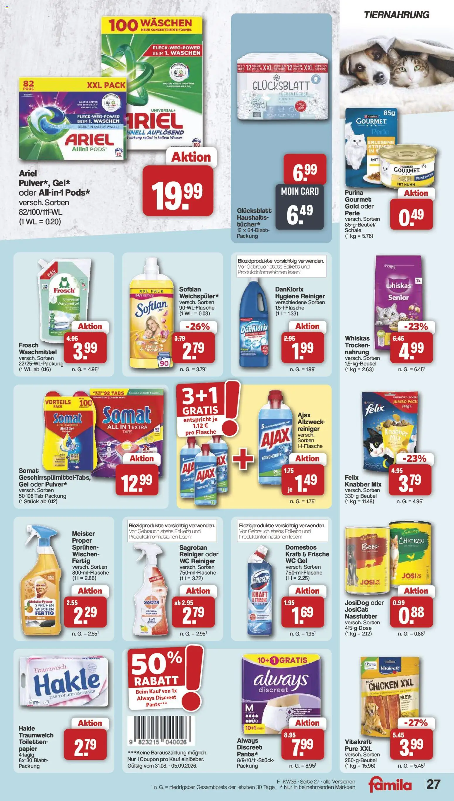 Famila Nordwest Prospekt – gültig ab 31.08.2026 | Seite: 29 | Produkte: Vanille, Wasser, Whiskas, Toilettenpapier