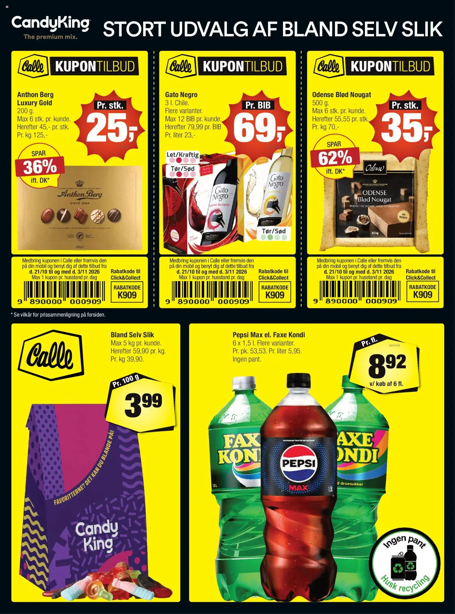 Calle tilbudsavis – gyldig fra 21/10/2026 | Side: 1 | Produkter: Faxe Kondi, Nougat, Pepsi, Pepsi Max