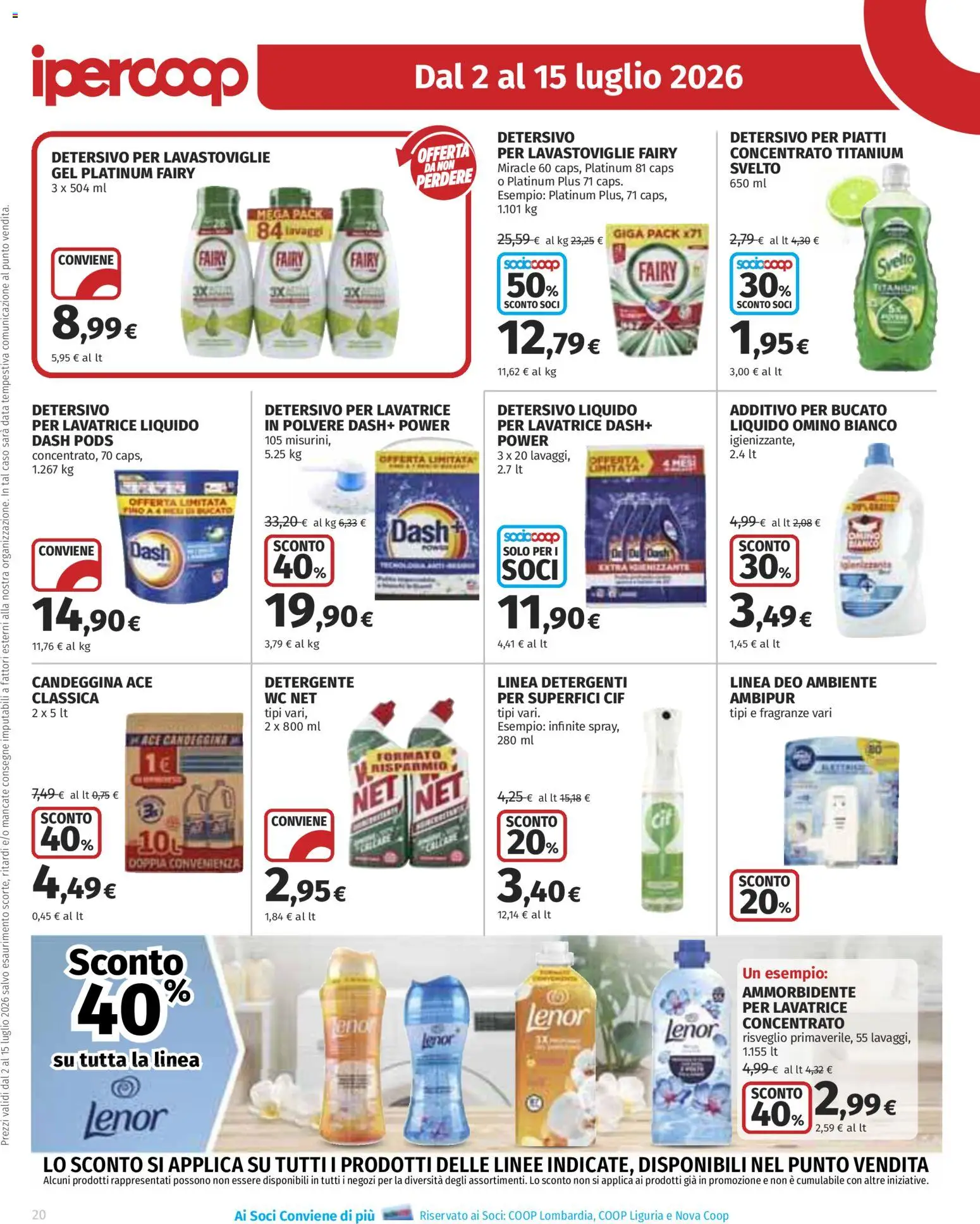 Volantino Ipercoop del 02/07/2026 | Pagina: 20 | Prodotti: Detersivo per piatti, Candeggina, Lavatrice, Lavastoviglie
