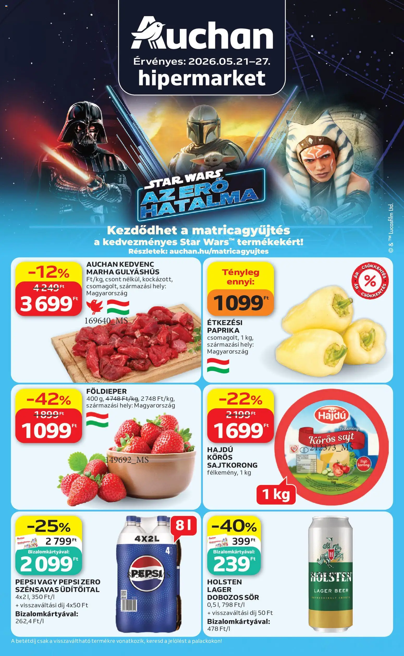 Auchan akciós ujság - amely érvényes a következő dátumtól: 21.05.2026 | Oldal: 1 | Termékek: Pepsi, Sajt, Dobozos sör, Sör