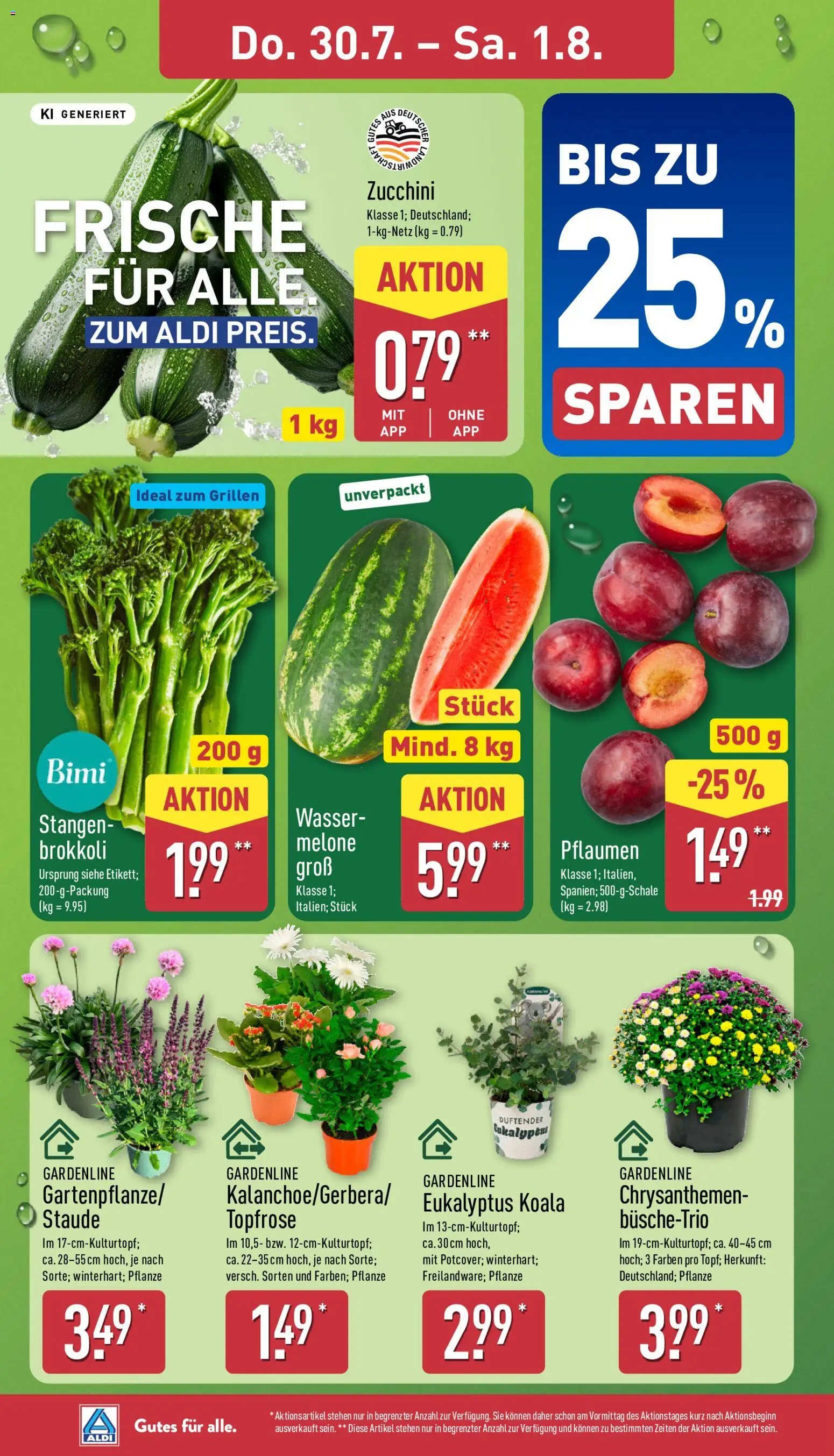 Aldi Prospekt – gültig ab 27.07.2026 | Seite: 32 | Produkte: Pflaumen, Wasser, Wassermelone, Zucchini