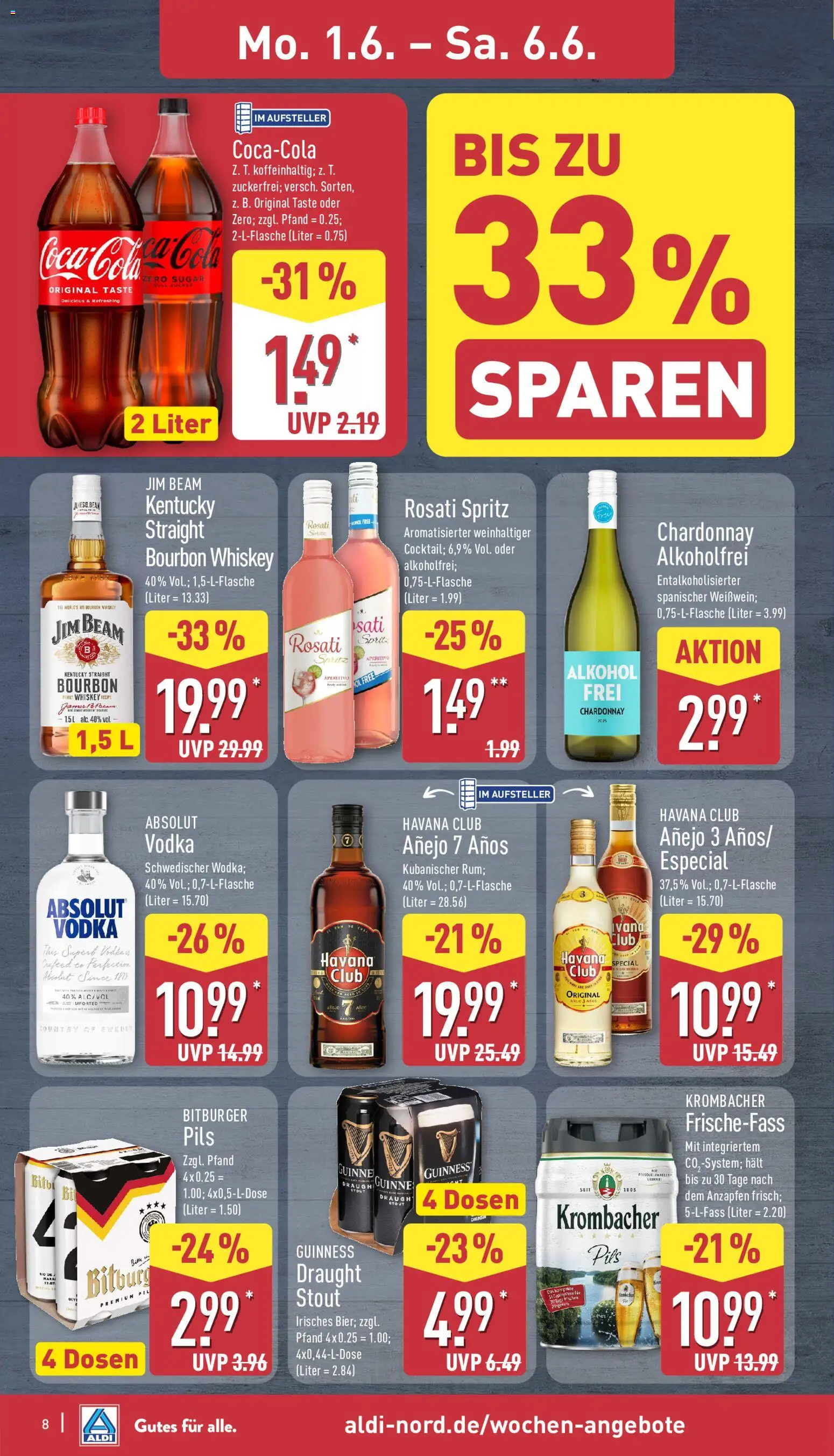 Aldi Prospekt – gültig ab 01.06.2026 | Seite: 8 | Produkte: Cola, Zucker, Vodka, Bourbon