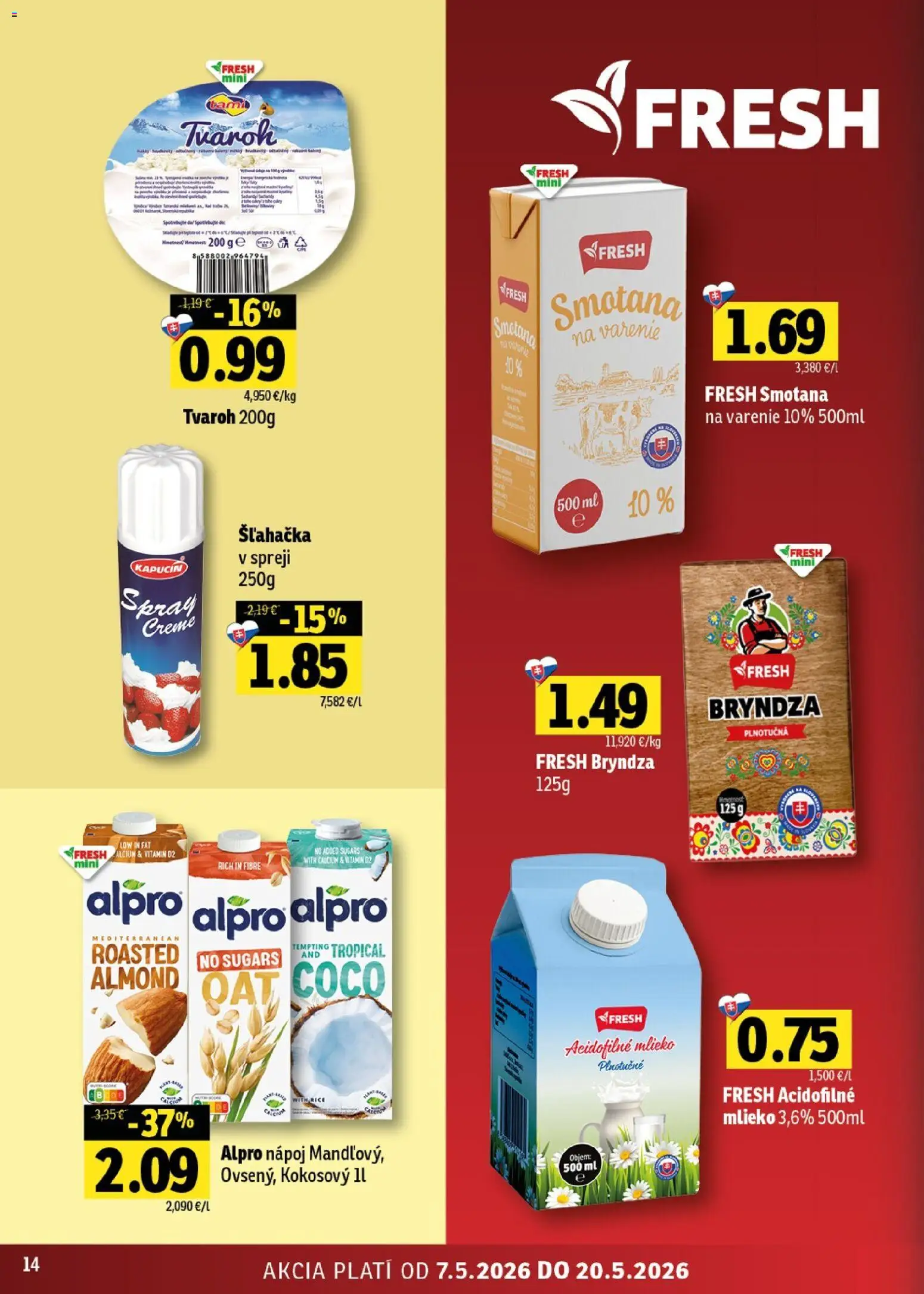 Nové Fresh akcie – leták je platný od 07.05.2026 | Strana: 14 | Produkty: Mlieko, Smotana, Bryndza, Tvaroh