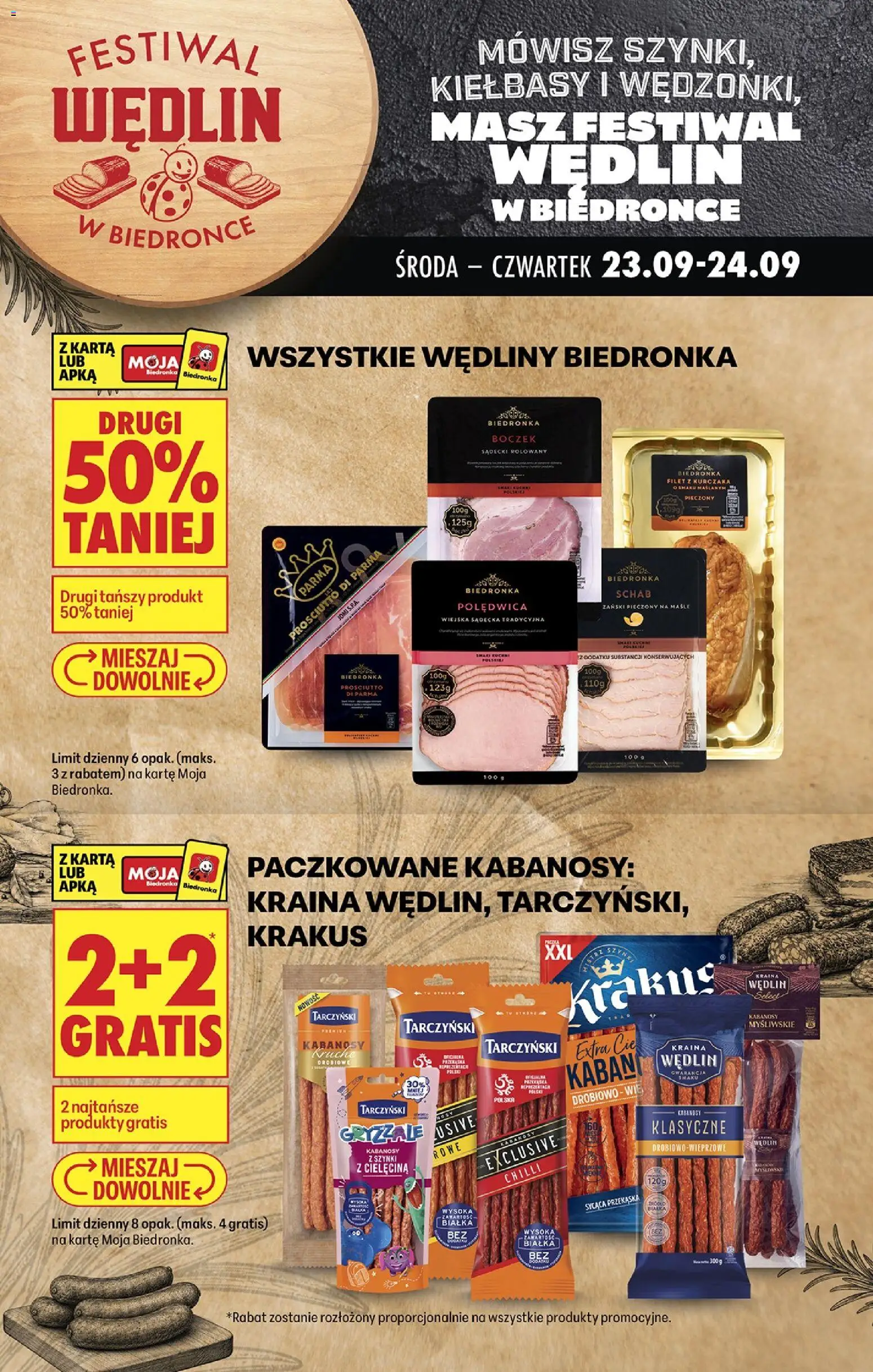 Biedronka gazetka - Festiwal wędlin od 21.09.2026 | Strona: 1 | Produkty: Kabanosy Tarczyński, Filet z kurczaka, Boczek, Filet