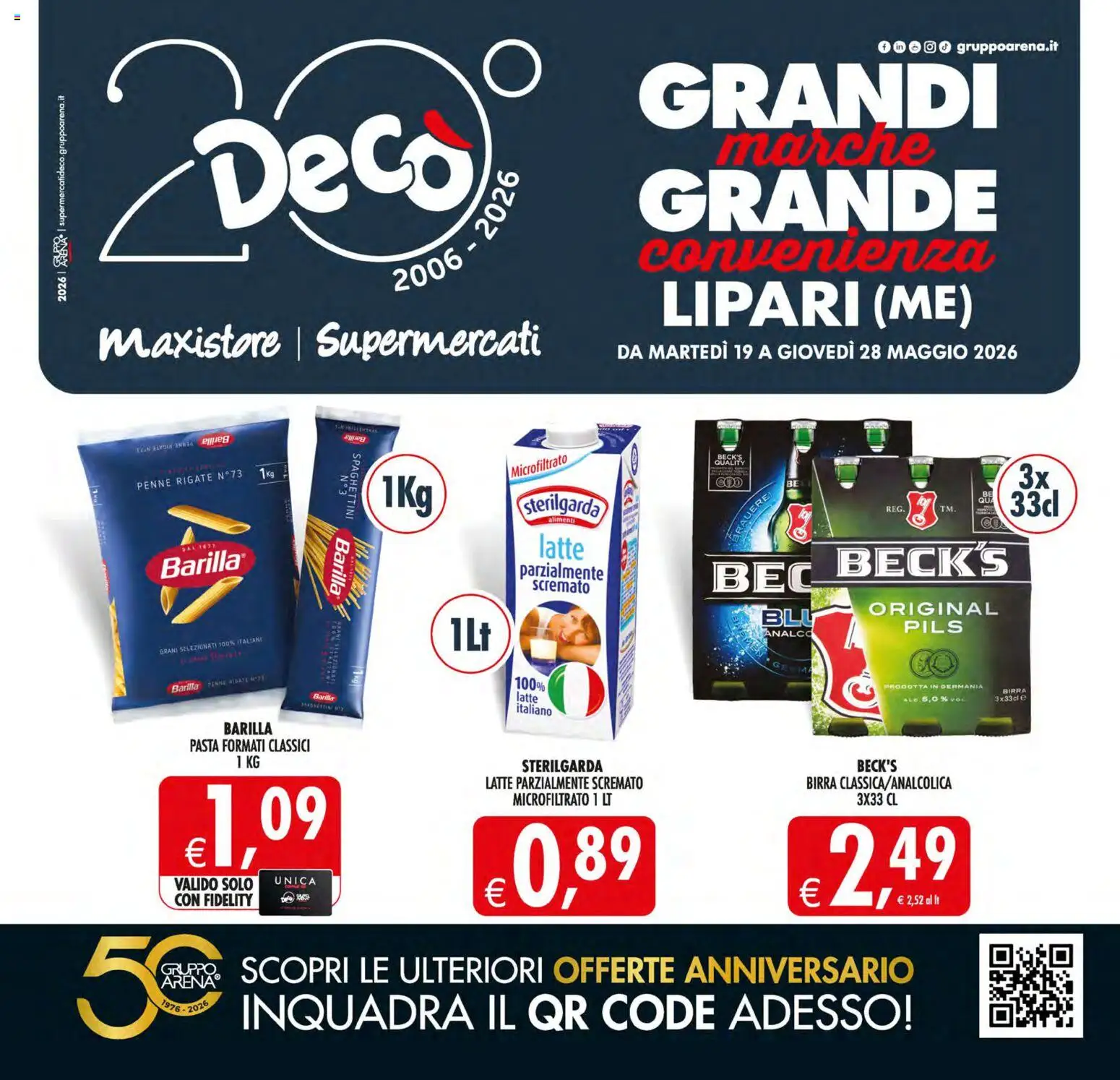 Volantino Decò del 19.05.2026 | Pagina: 1 | Prodotti: Birra, Pasta, Latte parzialmente scremato, Penne
