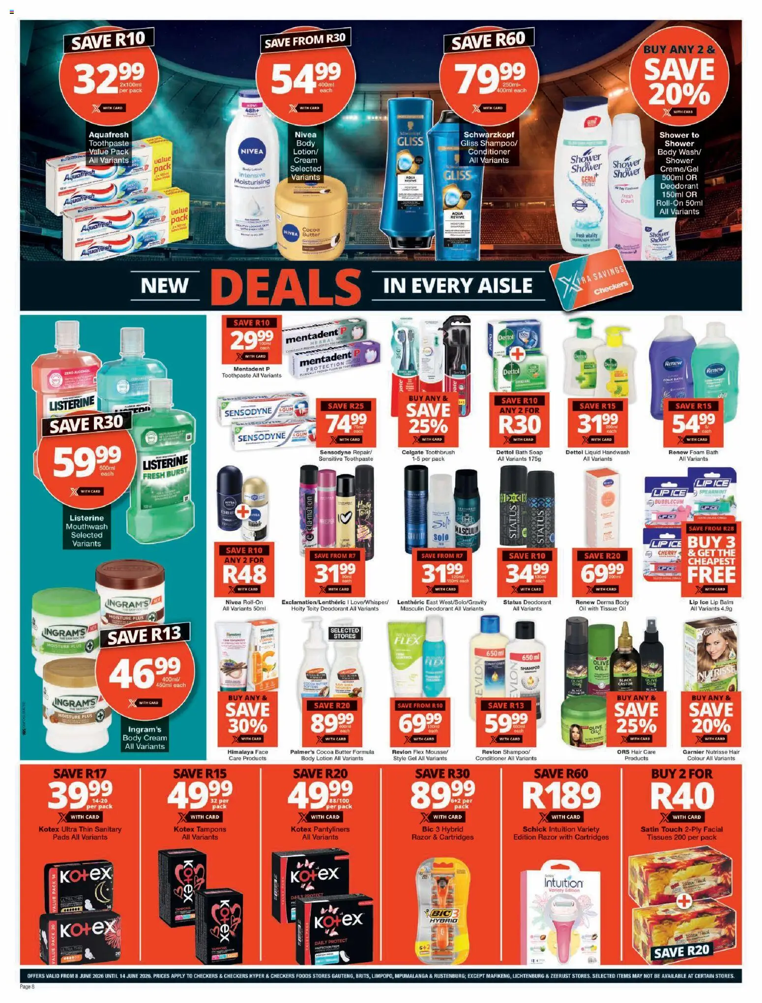 New Checkers catalogue – valid from 08.06.2026 | Page: 8 | Products: Tissue oil, Handwash, Shower, Tissues