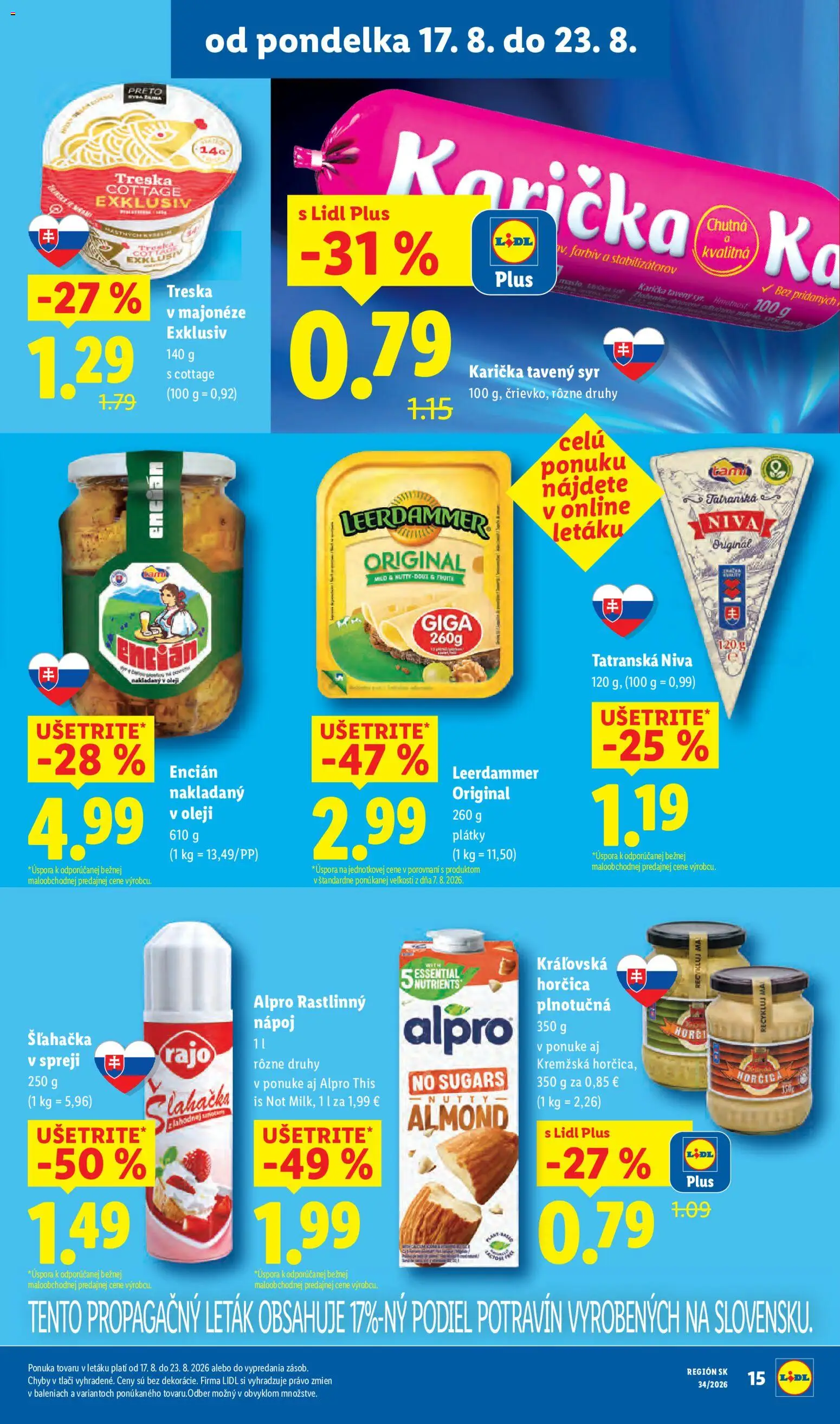 Nové Lidl akcie – leták je platný od 17.08.2026 | Strana: 19 | Produkty: Tavený syr, Horčica, Alpro, Šľahačka