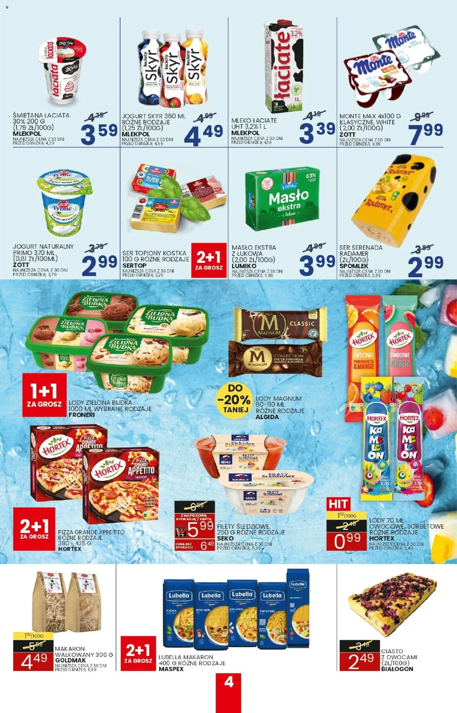 Wafelek gazetka od 27.07.2026 | Strona: 4 | Produkty: Ciasto, Jogurt naturalny, Pizza, Lody Magnum