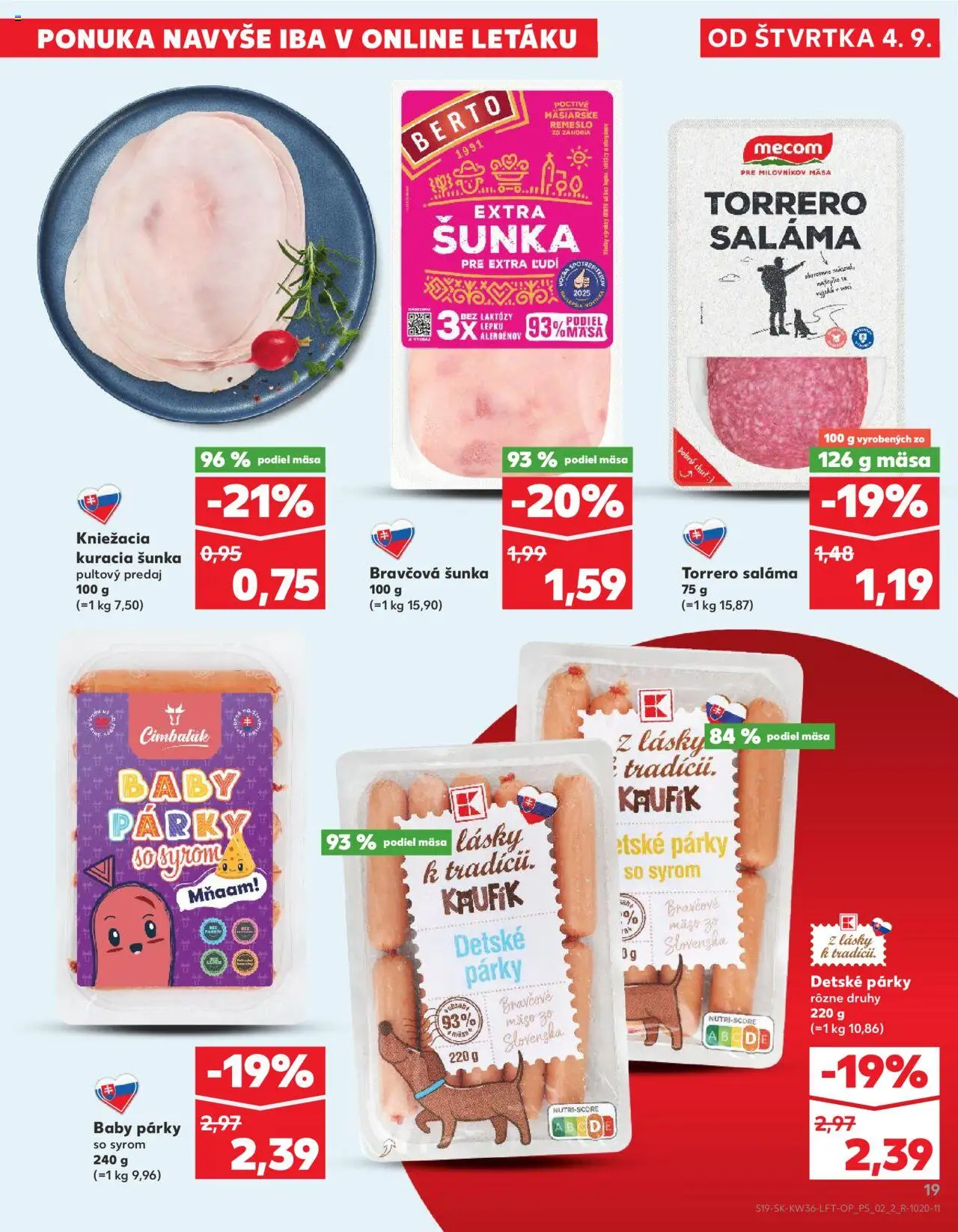 Nové Kaufland akcie – leták je platný od 04.09.2025 | Strana: 19 | Produkty: Šunka, Mäso, Bravčové mäso, Párky
