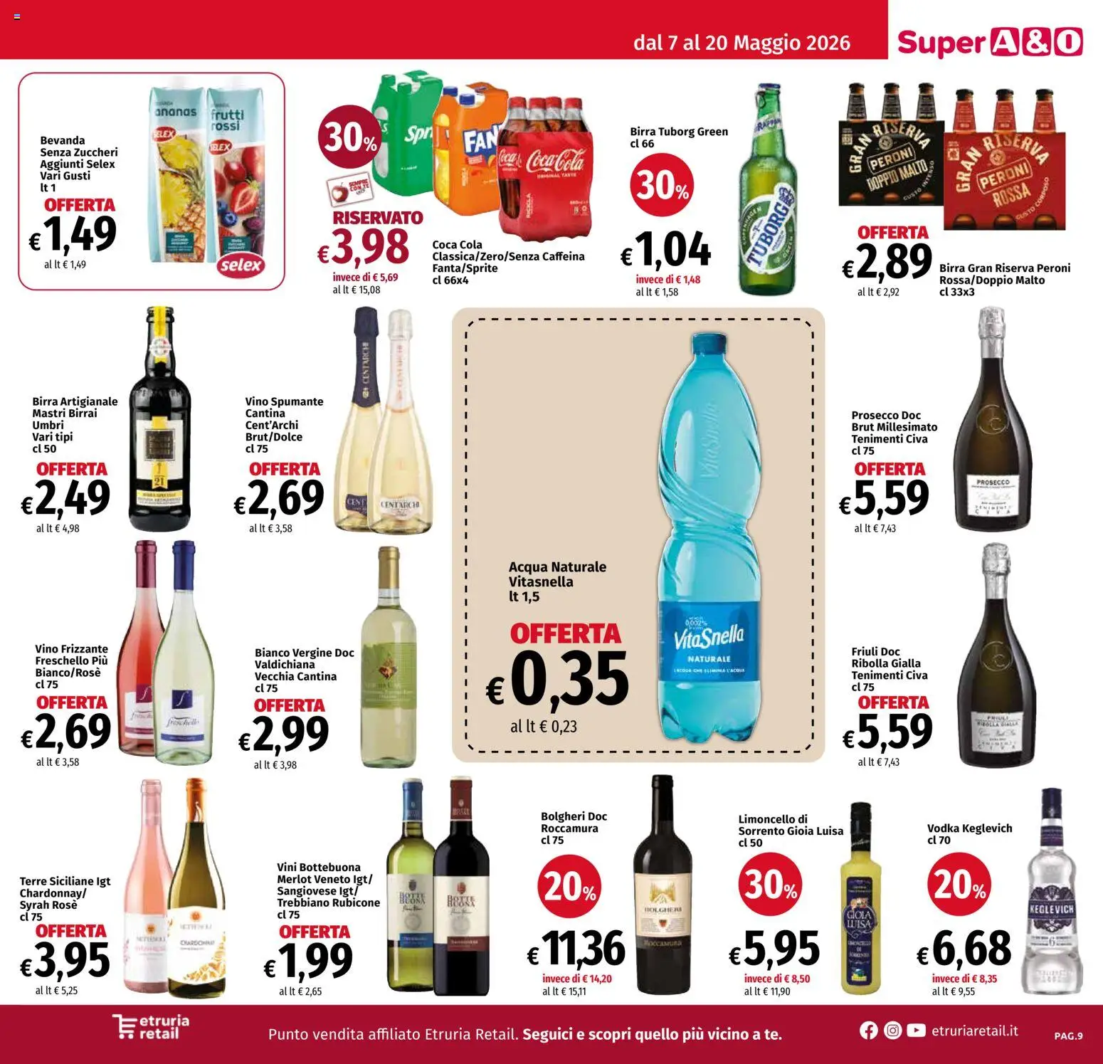 Volantino A&O del 07.05.2026 | Pagina: 9 | Prodotti: Vodka, Prosecco, Acqua naturale, Coca Cola
