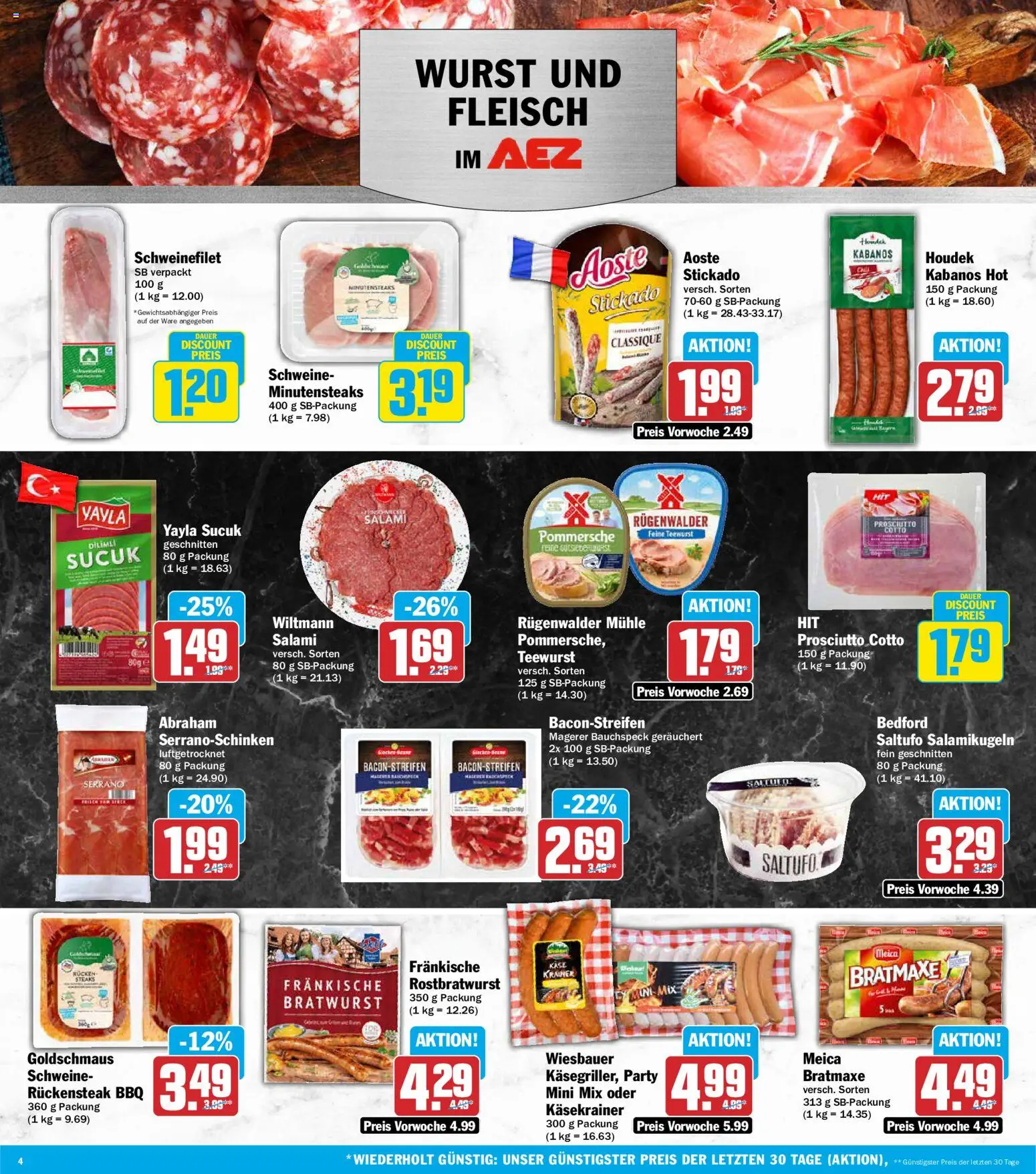AEZ Prospekt – gültig ab 10.08.2026 | Seite: 4 | Produkte: Mühle, Käsekrainer, Meica, Schweinefilet
