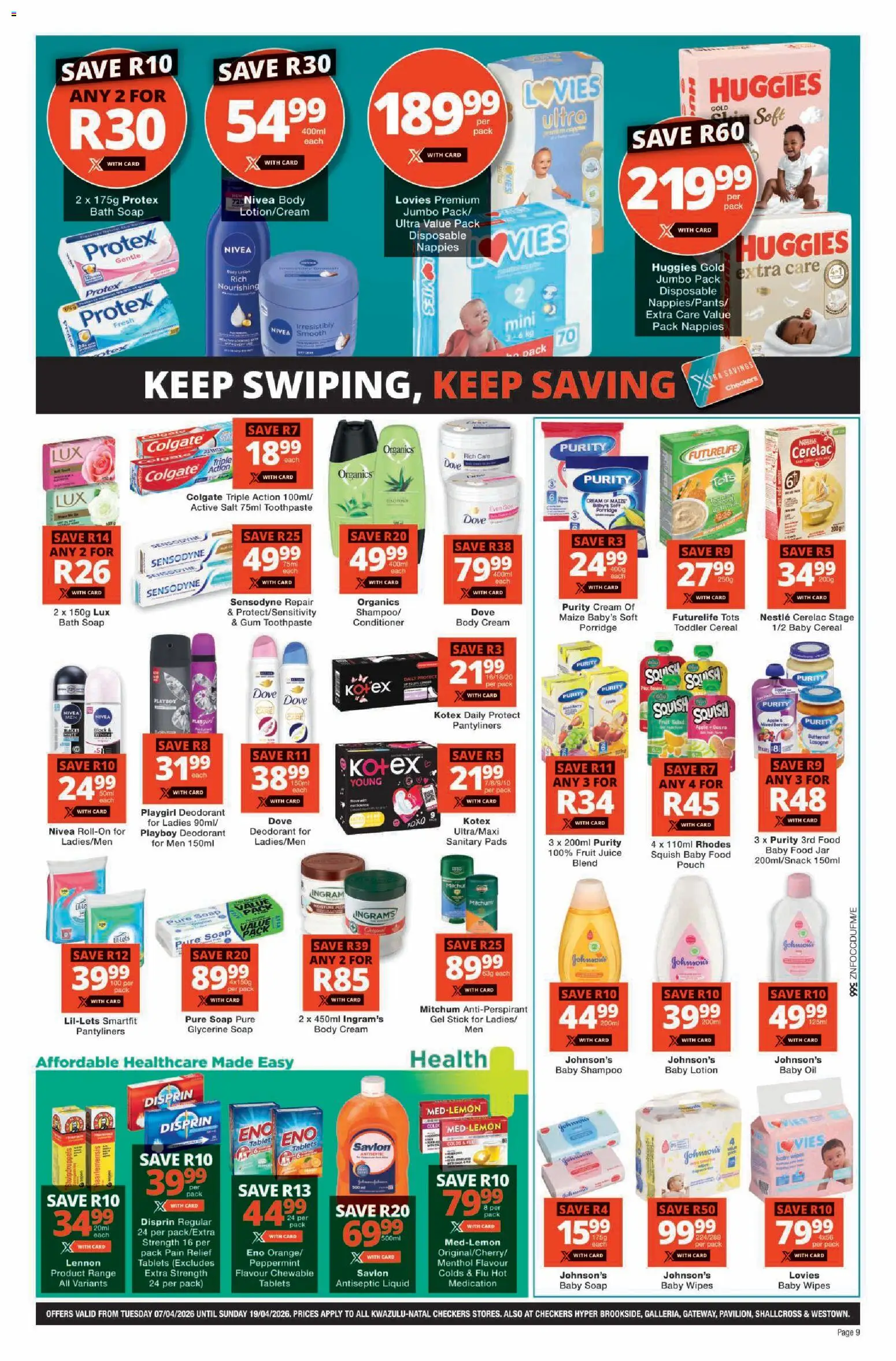 New Checkers catalogue – valid from 07.04.2026 | Page: 9 | Products: Tablet, Bath, Oil, Antiperspirant