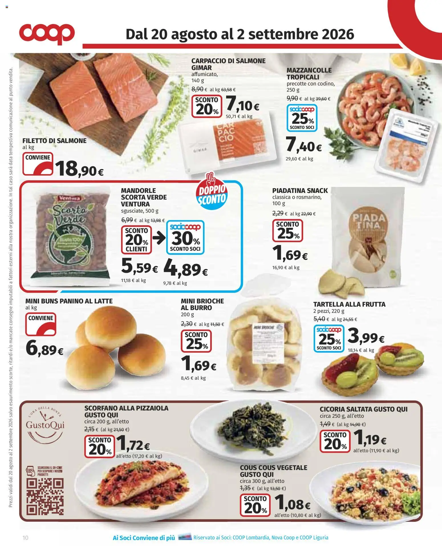 Volantino COOP del 20/08/2026 | Pagina: 10 | Prodotti: Filetto di salmone, Mazzancolle, Frutta, Cous cous