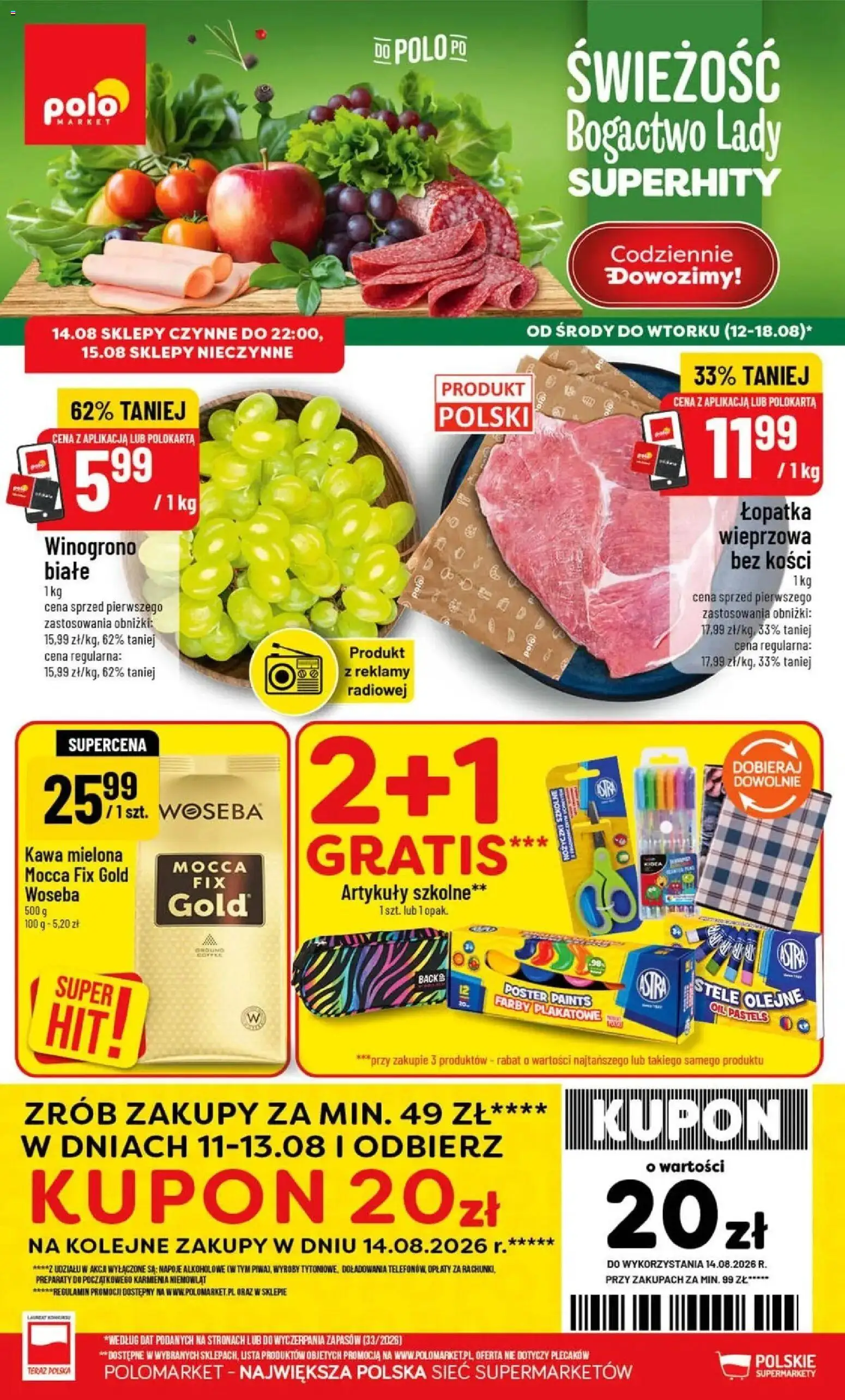Nowa POLOmarket gazetka od jutra 12.08.2026 | Strona: 1 | Produkty: Winogrono, Napoje, Kawa, Artykuły szkolne