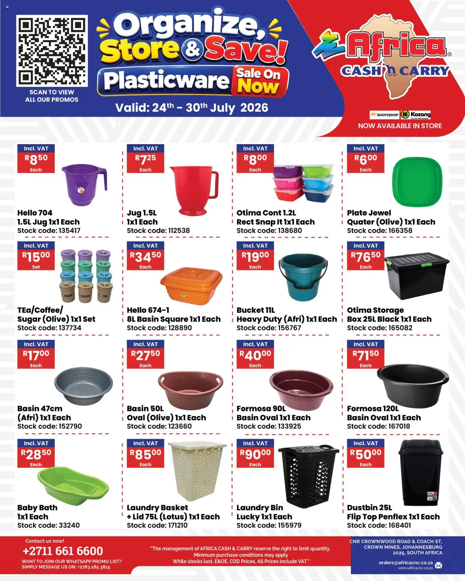 New Africa Cash & Carry catalogue – valid from 24/07/2026 | Page: 1 | Products: Bath, Basin, Stock, Sugar