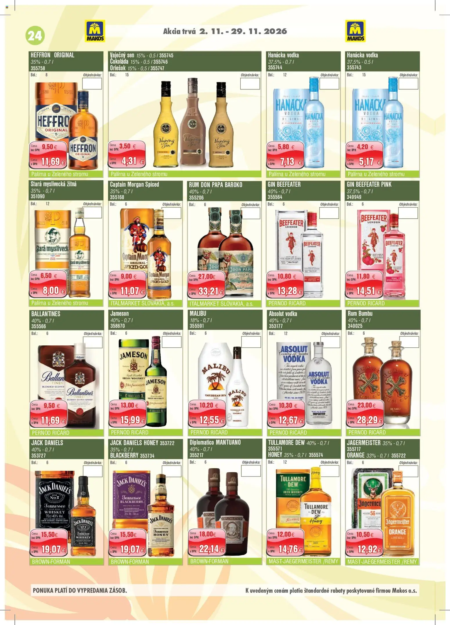 Nové Makos akcie – leták je platný od 02.11.2026 | Strana: 24 | Produkty: Diplomatico, Beefeater gin, Vodka, Tullamore Dew