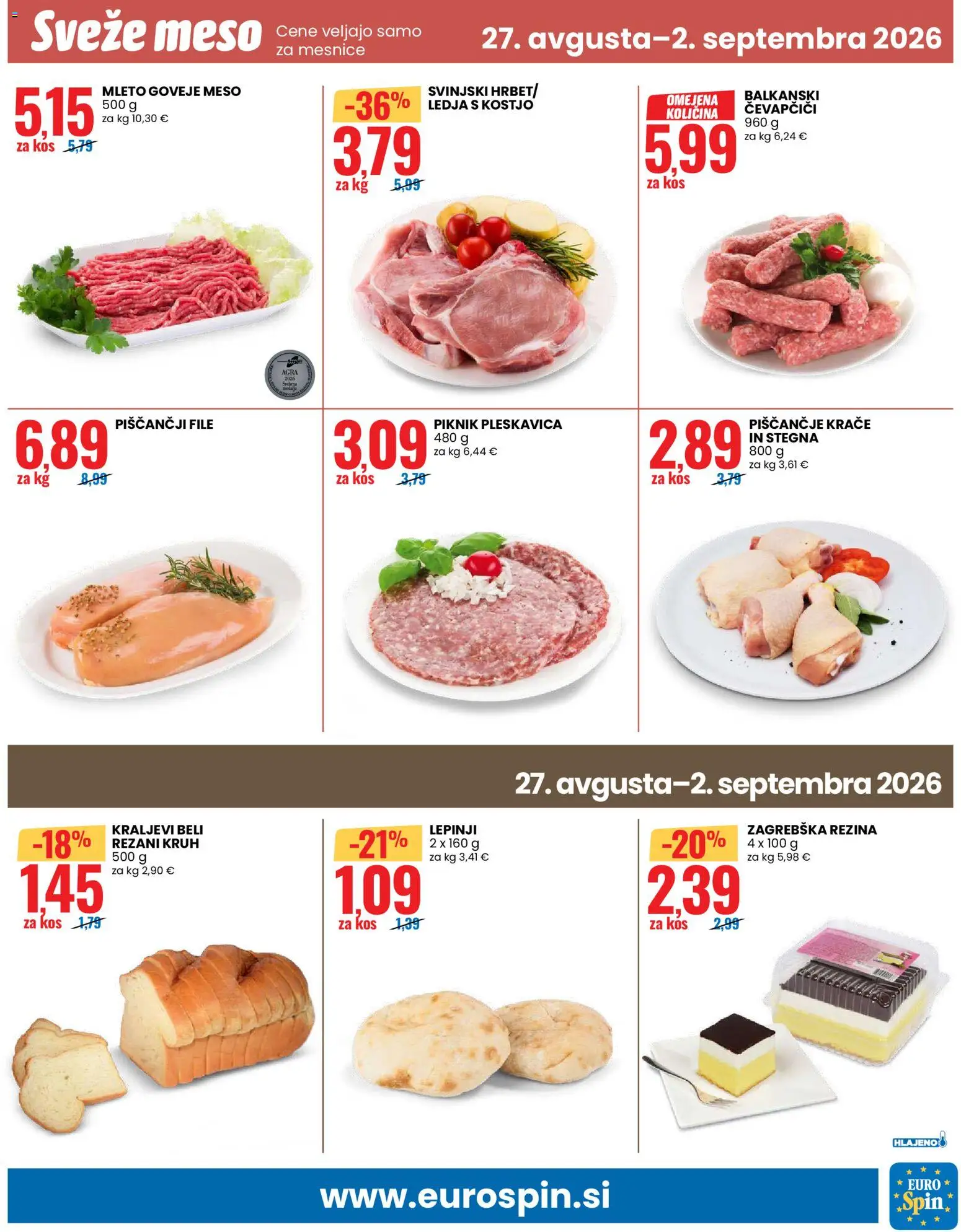 Novi Eurospin katalog ponudbe – veljaven od 27.08.2026 | Stran: 13 | Izdelki: Čevapčiči, Kos, Kruh, Goveje meso