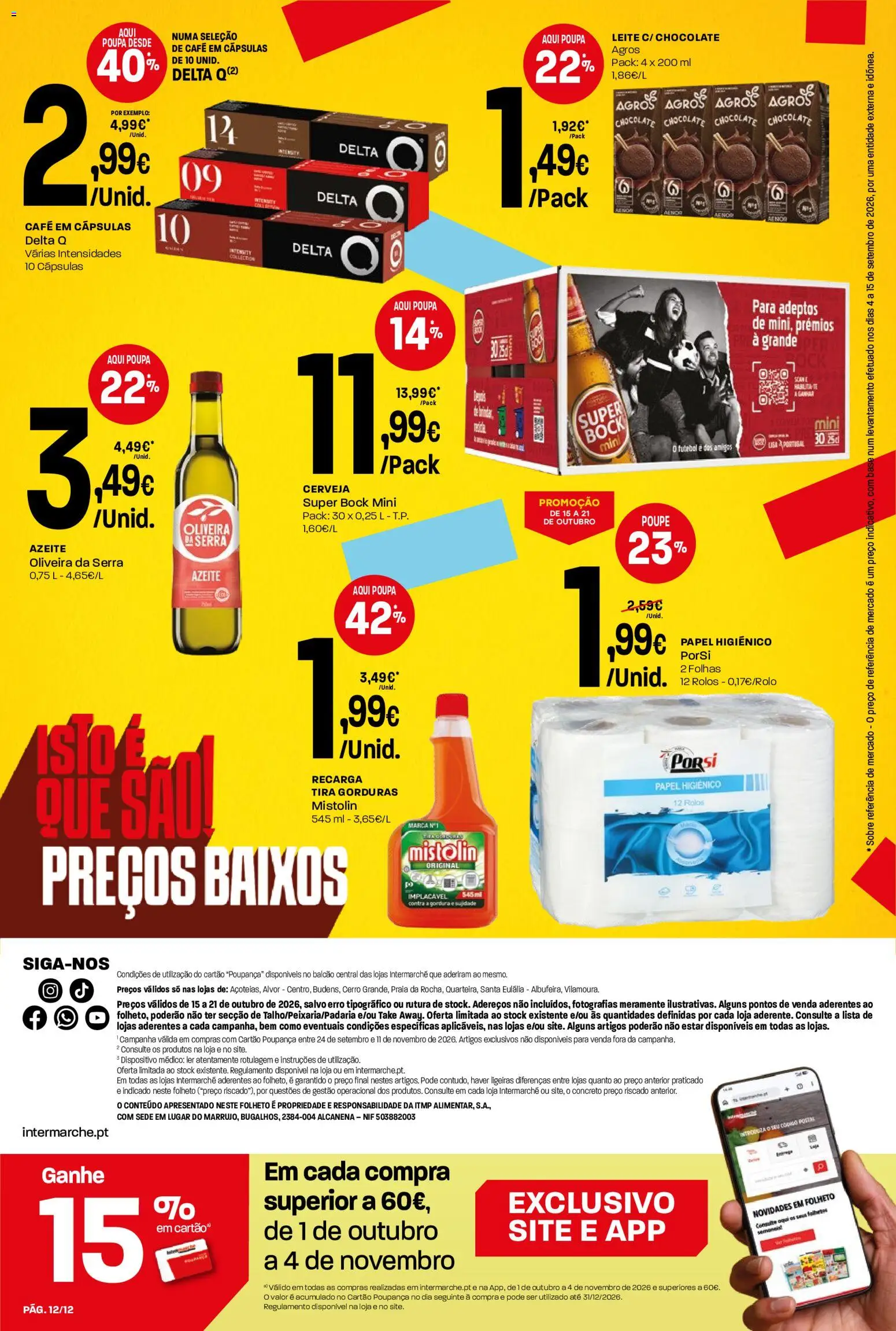 Intermarché folheto Mini │ válido de 15/10/2026 | Página: 12 | Produtos: Azeite, Papel higiénico, Super bock, Leite
