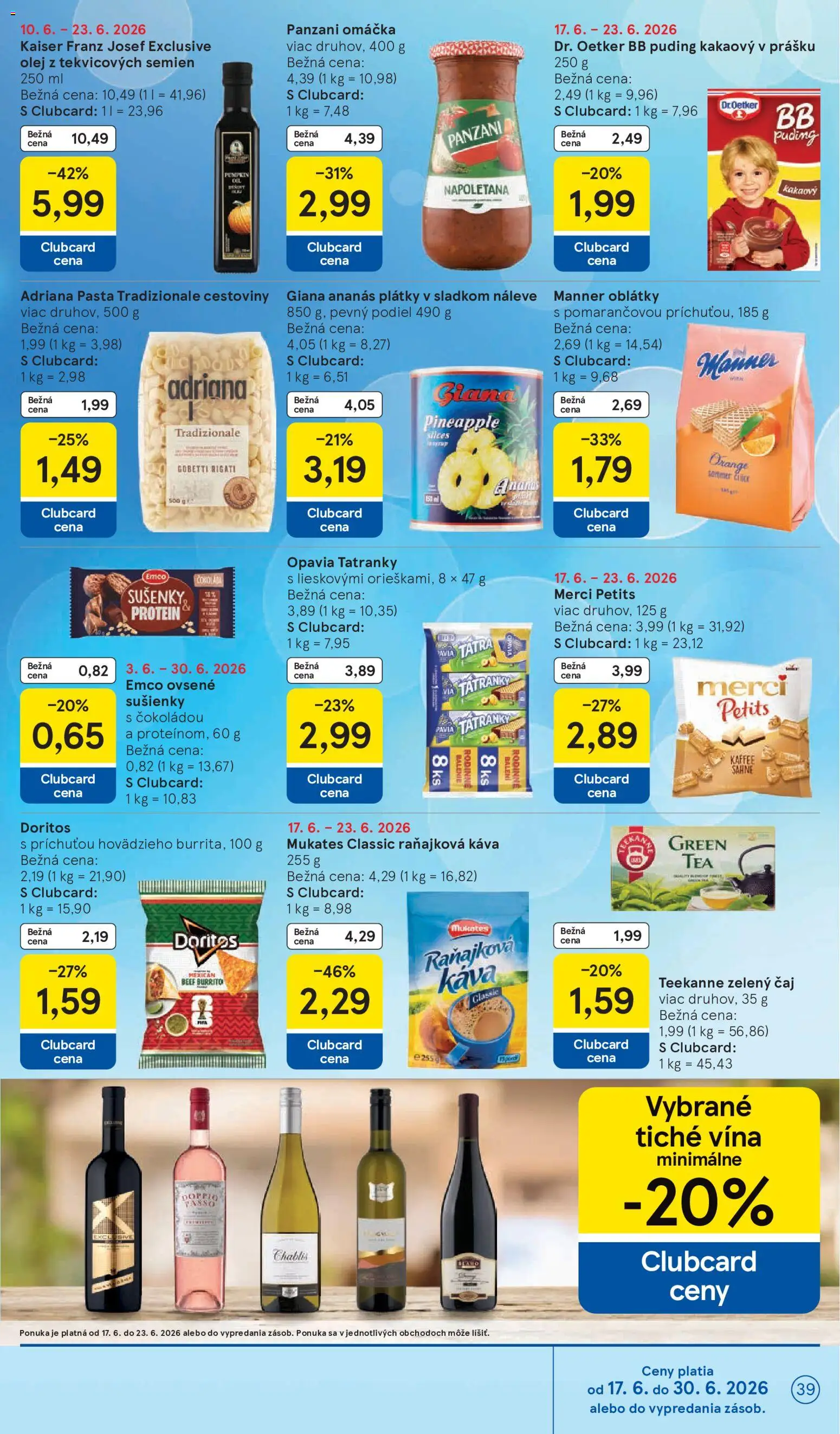 Nové Tesco akcie – leták je platný od 17.06.2026 | Strana: 39 | Produkty: Cestoviny, Puding, Merci, Ananás