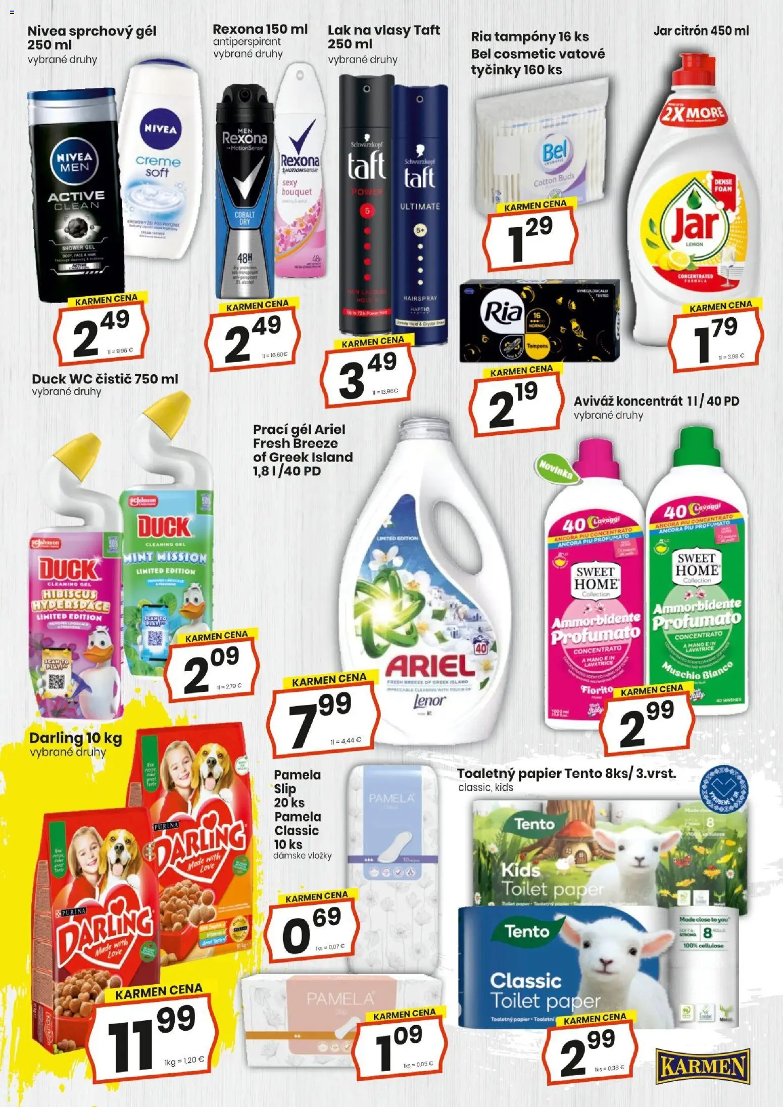 Nové KARMEN CBA akcie – leták je platný od 20.08.2026 | Strana: 15 | Produkty: Toaletný papier, Antiperspirant, Aviváž, Jar