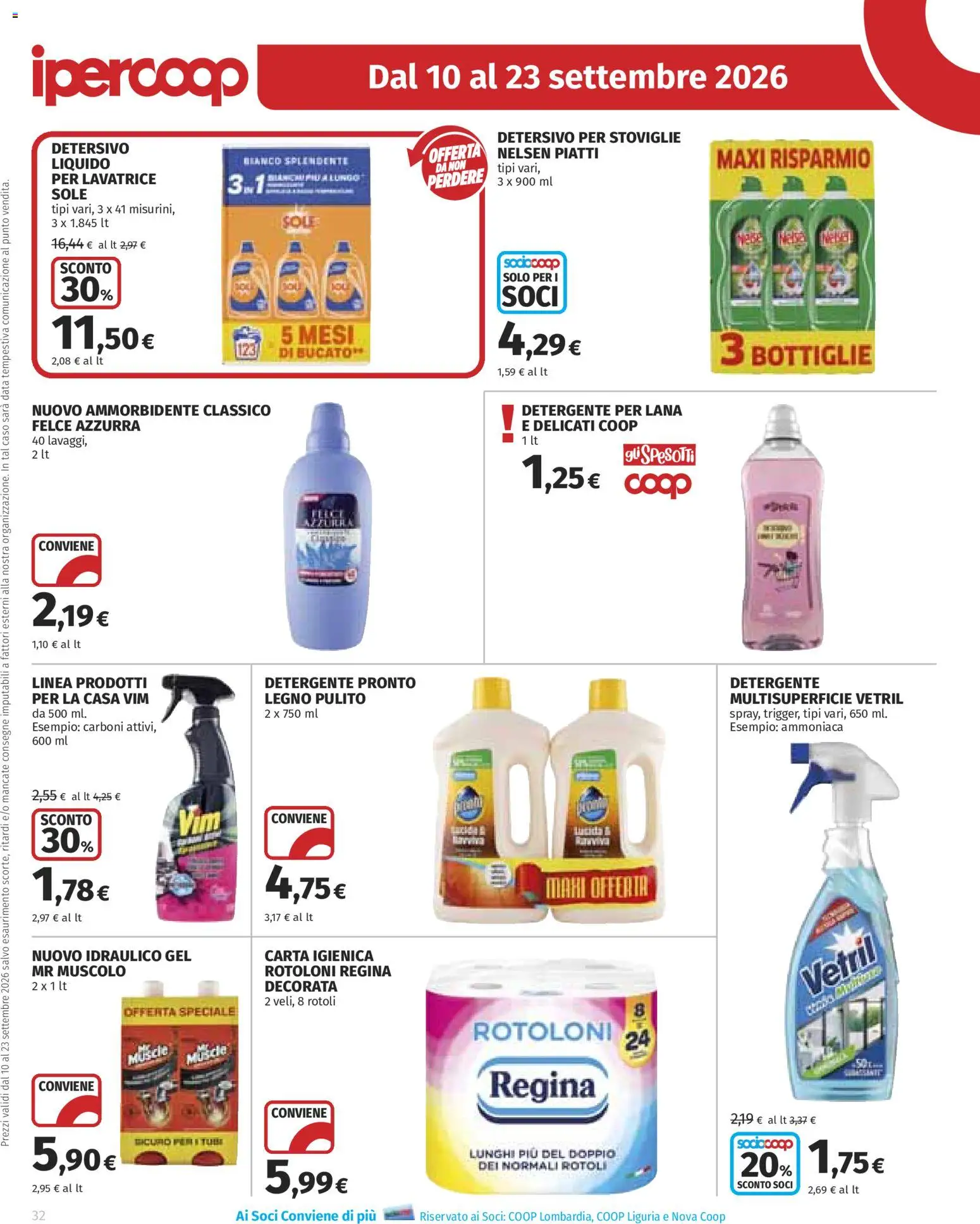 Volantino Ipercoop del 10/09/2026 | Pagina: 32 | Prodotti: Ammorbidente, Detergente, Piatti, Data
