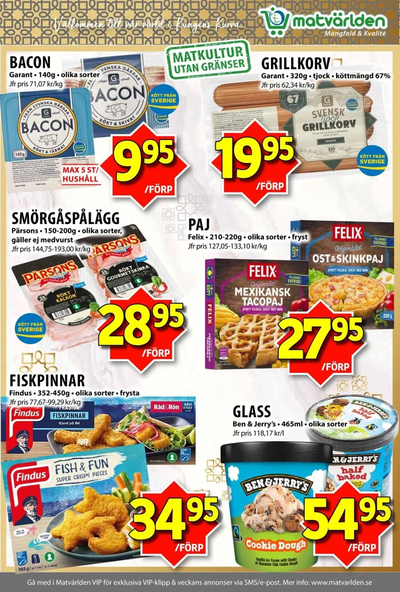 Matvärlden reklamblad aktuell från 11.05.2026 | Sida: 5 | Produkter: Bacon, Grillkorv, Ost, Glass