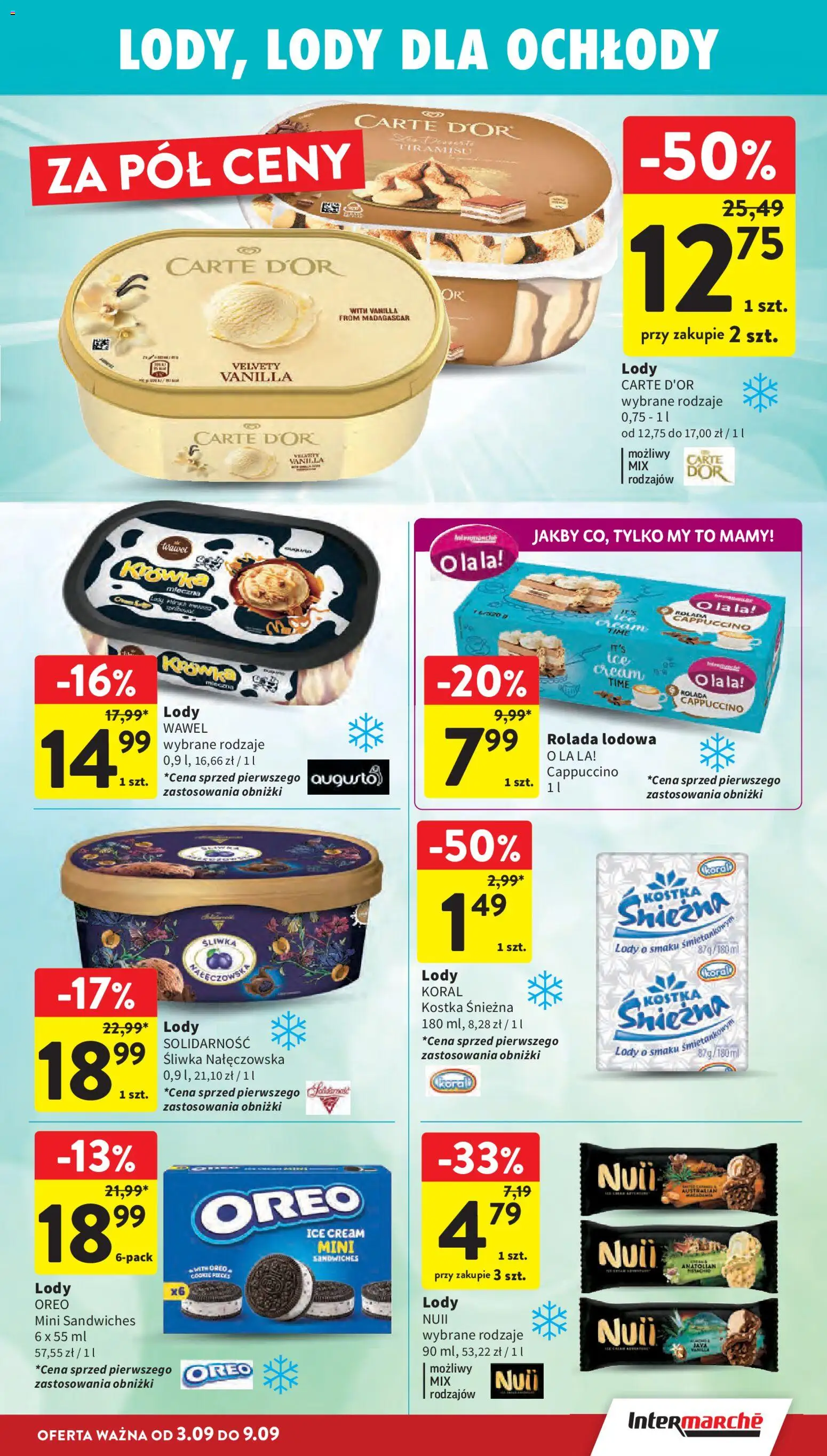 Intermarche gazetka od 03.09.2026 | Strona: 23 | Produkty: Śliwka nałęczowska, Oreo, Rolada lodowa, Lody koral