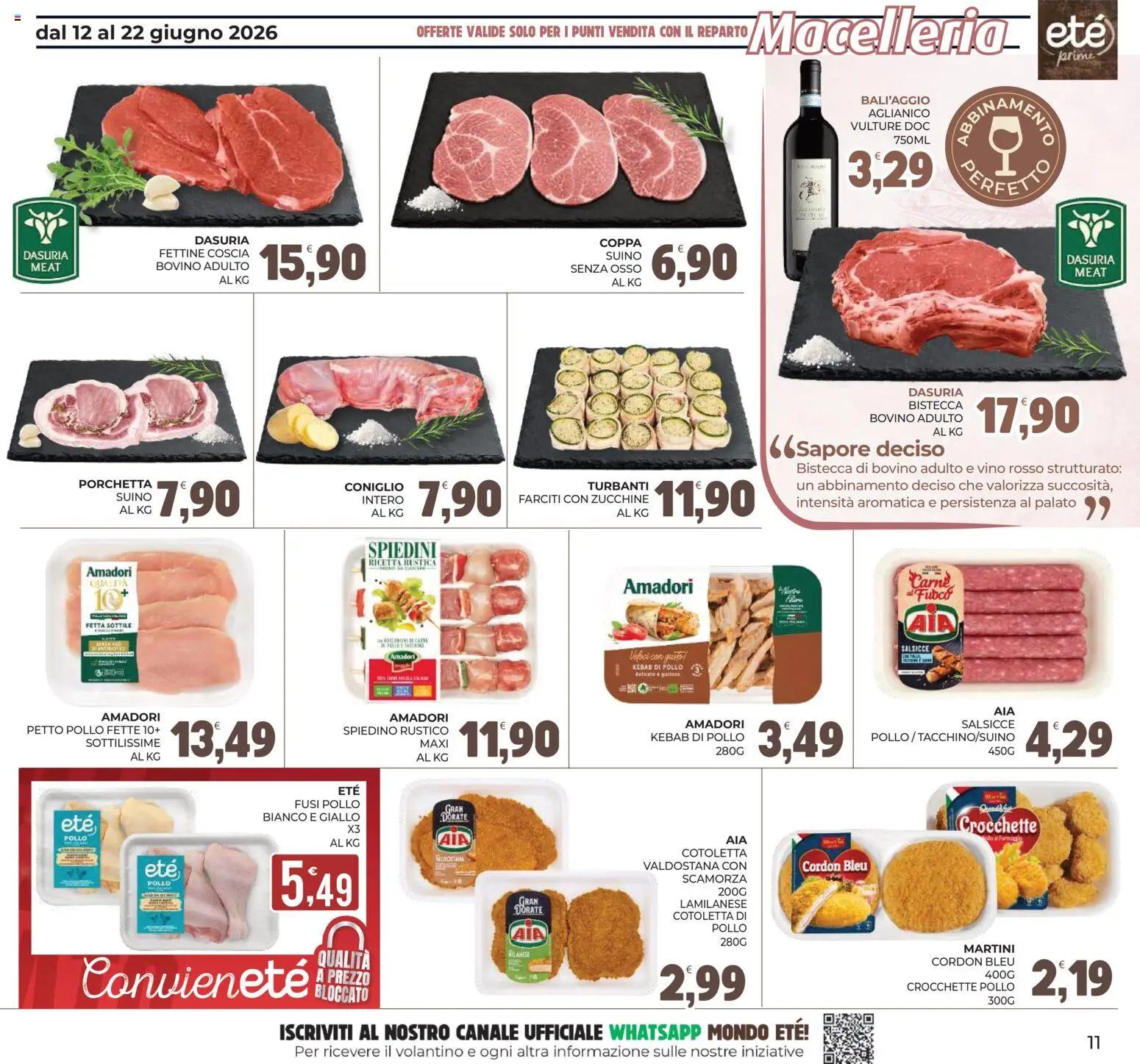 Volantino Eté del 12.06.2026 | Pagina: 11 | Prodotti: Bovino, Vino, Crocchette, Vino rosso