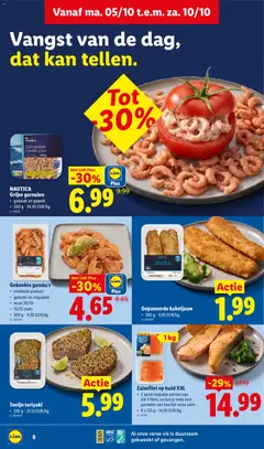 Zalmfilet op huid XXL, • 2 apart verpakte porties van, elk 4 filets, zo kan je twee keer, genieten van heerlijk verse zalm, • 8 x 125 g - 14,99 EUR/kg - Voorbeeld van een folder van Lidl, geldig van 05/10/2026 | Pagina: 8 | Producten: Zalm, Filet, Garnalen, Kan