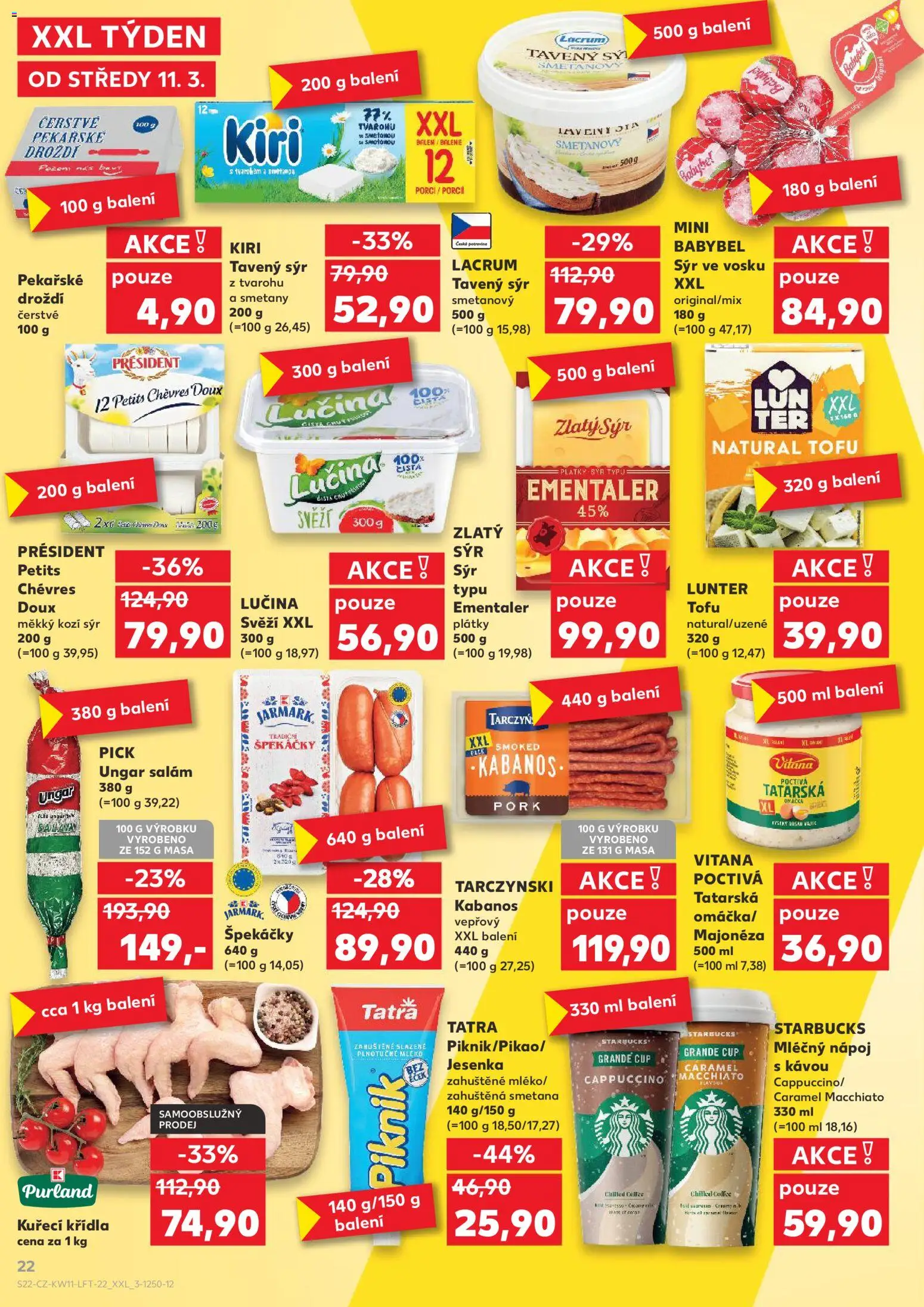 Kaufland leták od 11.03.2026 | Strana: 22 | Produkty: Tavený sýr, Starbucks, Kozí sýr, Droždí