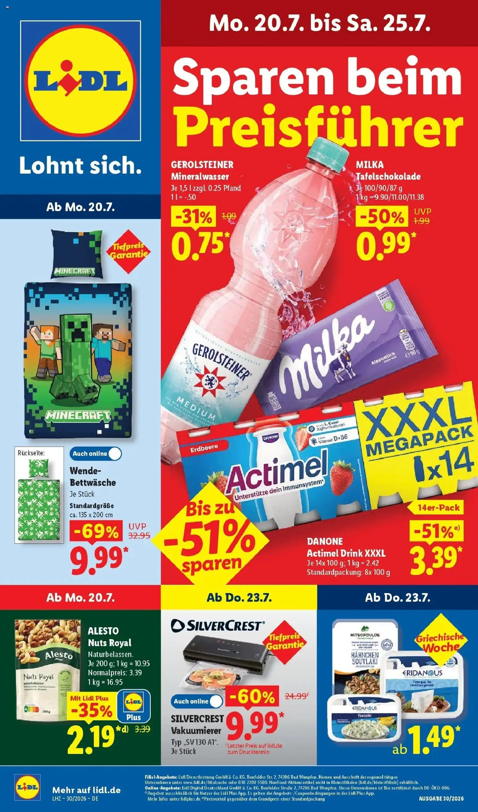 Lidl Prospekt Villingen-schwenningen – gültig ab 20.07.2026 | Seite: 1 | Produkte: Actimel, Vakuumierer, Bettwäsche, Milka