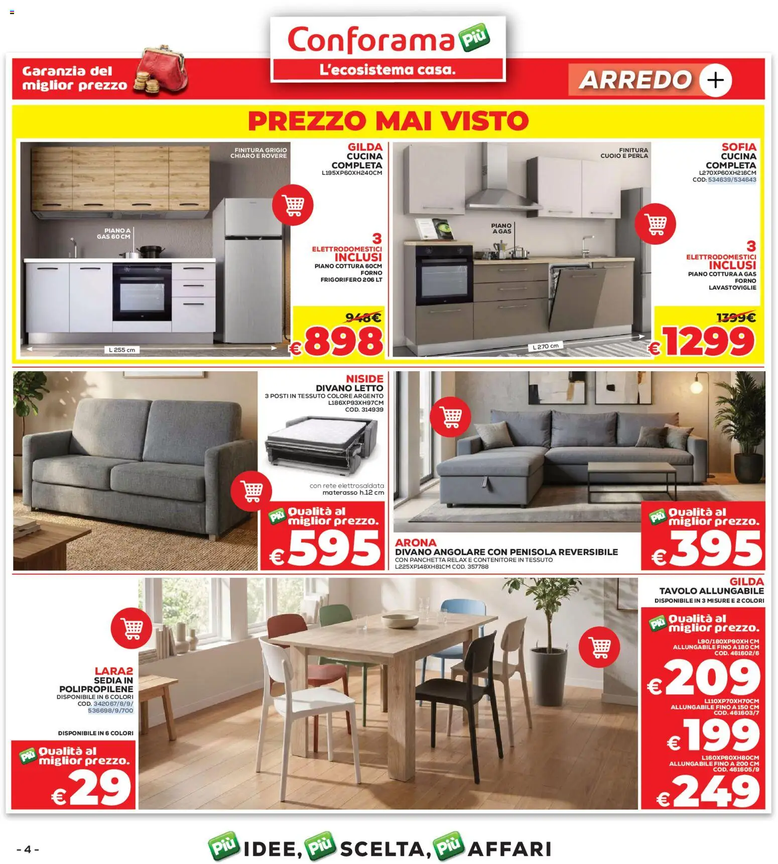 Volantino Conforama del 07.05.2026 | Pagina: 4 | Prodotti: Divano letto, Divano angolare, Forno, Sedia