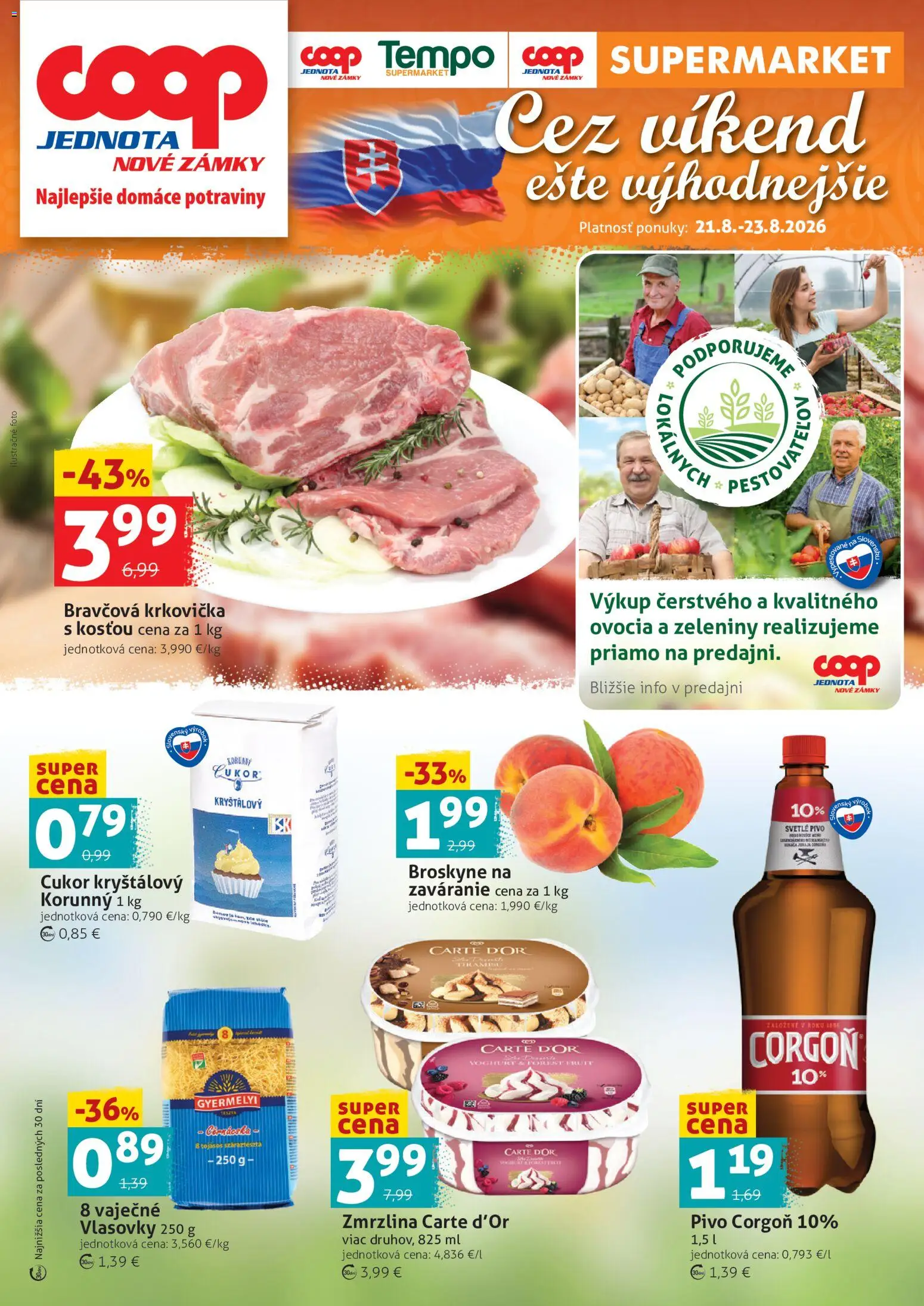 Nové COOP Jednota akcie – leták je platný od 21.08.2026 | Strana: 1 | Produkty: Zmrzlina, Krkovička, Cukor, Broskyne
