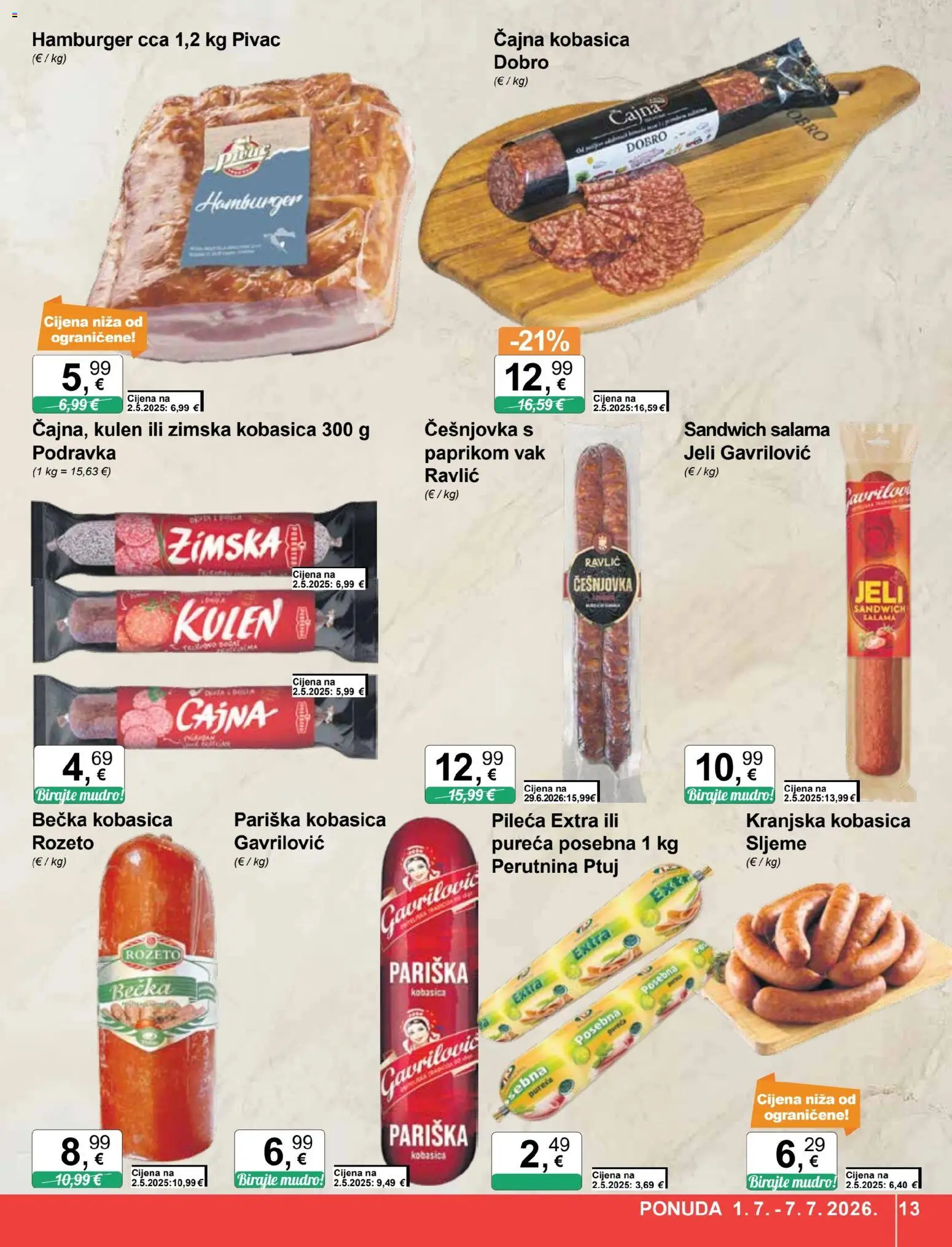 KTC katalog | vrijedi od 01.07.2026 | Stranica: 13 | Proizvodi: Salama, Kranjska kobasica, Perutnina Ptuj, Kulen