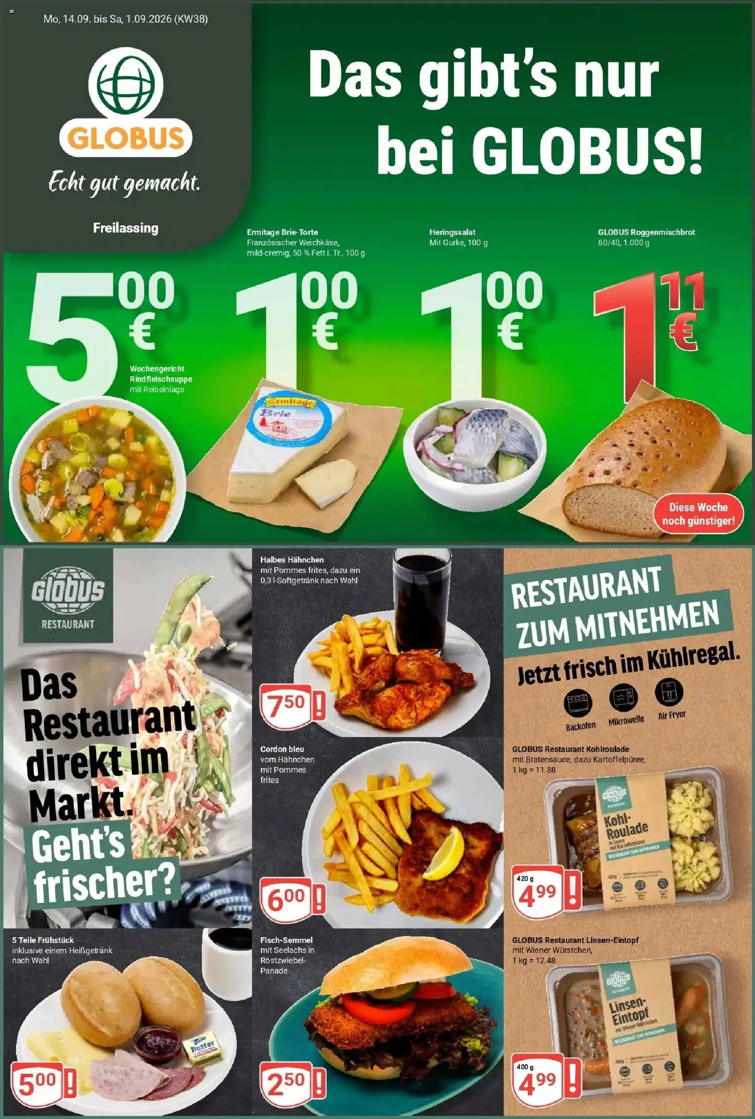 Globus Prospekt Freilassing (ab 14.09.2026) » Angebote online | Seite: 1 | Produkte: Hahnchen, Butter, Pommes, Pommes frites