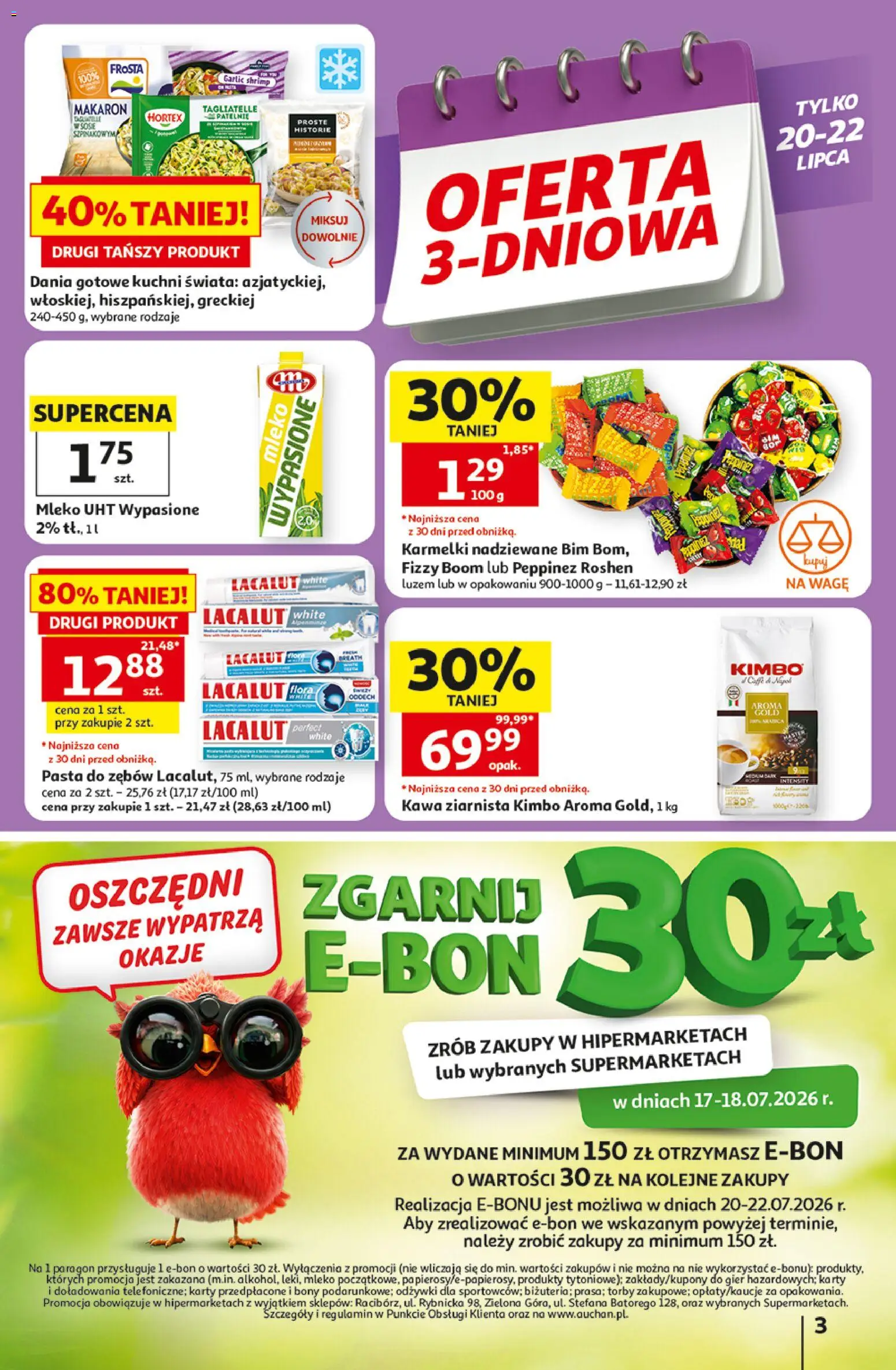Auchan gazetka - 30 Lat Hipermarket od 16.07.2026 | Strona: 3 | Produkty: Mleko, Makaron, Lacalut, Pasta do zębów