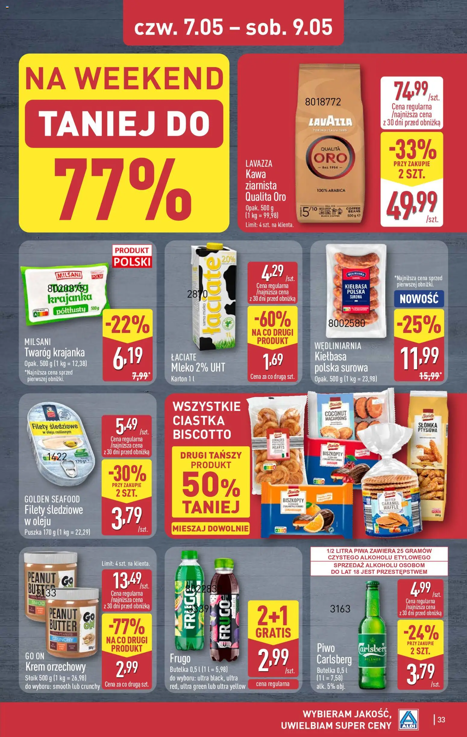 Aldi gazetka od 04.05.2026 | Strona: 33 | Produkty: Kiełbasa, Mleko, Piwo, Ciastka