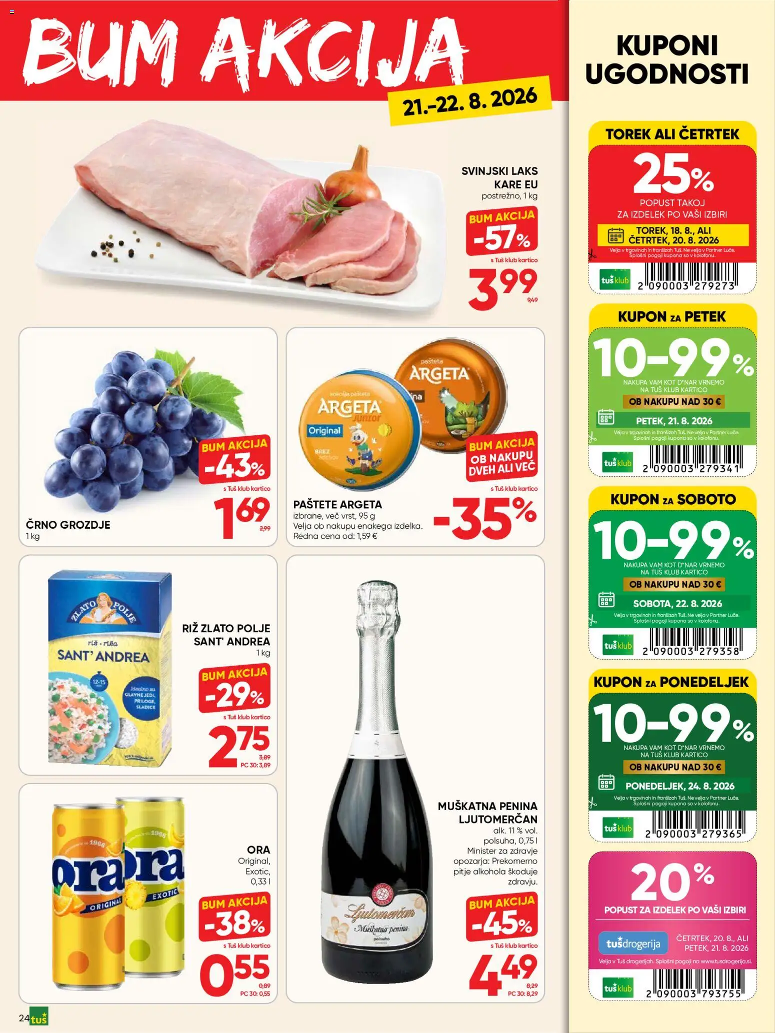 Novi Tuš katalog ponudbe – veljaven od 19.08.2026 | Stran: 24 | Izdelki: Grozdje, Penina, Riz
